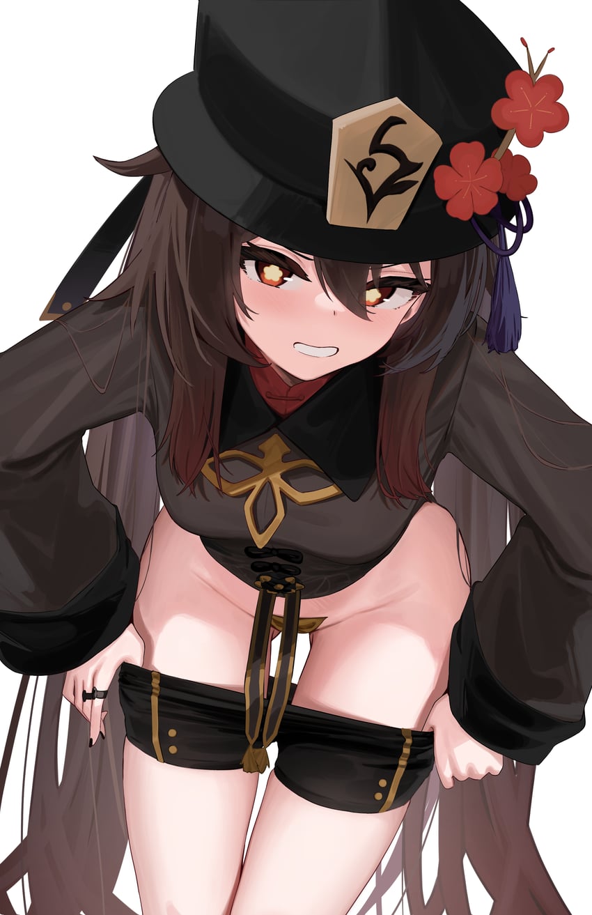 1girl, brown eyes, brown hair, clothes down, clothes removed, genshin impact, grin, grinning, grinning at viewer, hu tao (genshin impact), long hair, no panties, no underwear, skai kun, solo, taking clothes off, tease, teasing, teasing viewer