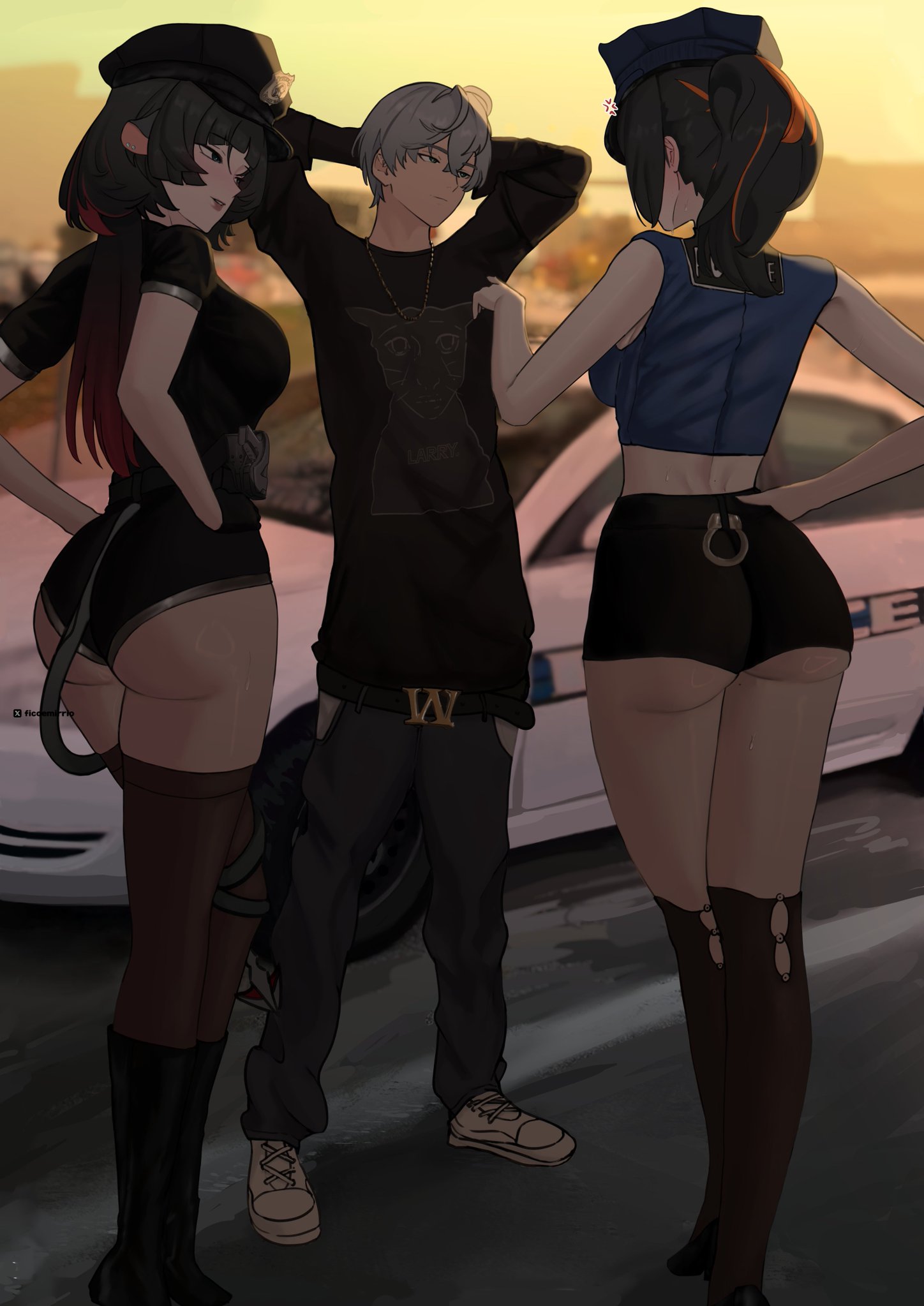 1boy, 2girls, female, ficoemirrio, jane doe (zenless zone zero), meme, new eridu public security, police uniform, policewoman, tagme, wise (zenless zone zero), zenless zone zero, zhu yuan
