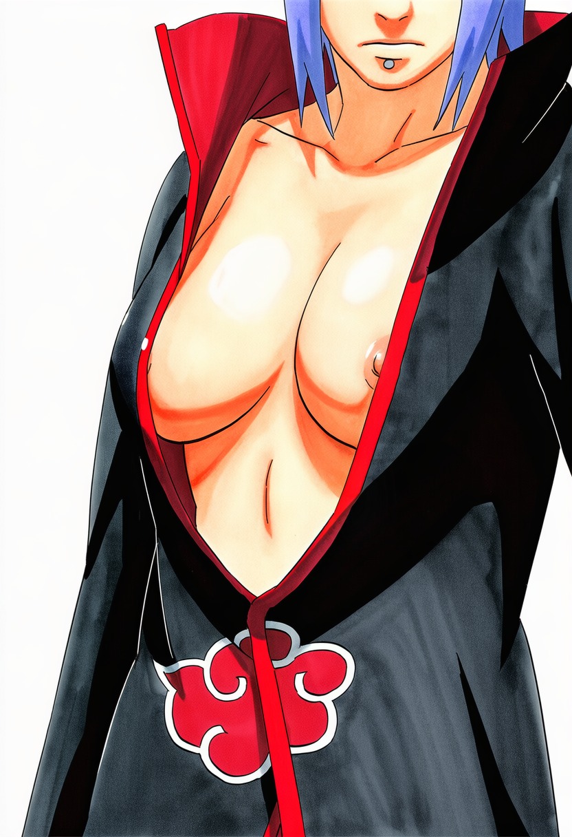 1girls, accurate art style, ai generated, akatsuki (naruto), blue hair, breast focus, breasts, breasts out, cleavage, clothing, cost, exposed breasts, female, female focus, female only, flashing, flashing breasts, flower, flower in hair, hair ornament, hairbun, high resolution, konan, labret piercing, manga style, masashi kishimoto style, midriff, naruto, naruto (series), navel, navel piercing, no bra, oppai, orange eyes, piercing, pinup, plain background, presenting, presenting breasts, robe, showing breasts, solo, solo focus, uncensored, upper body, ㅇㅇ