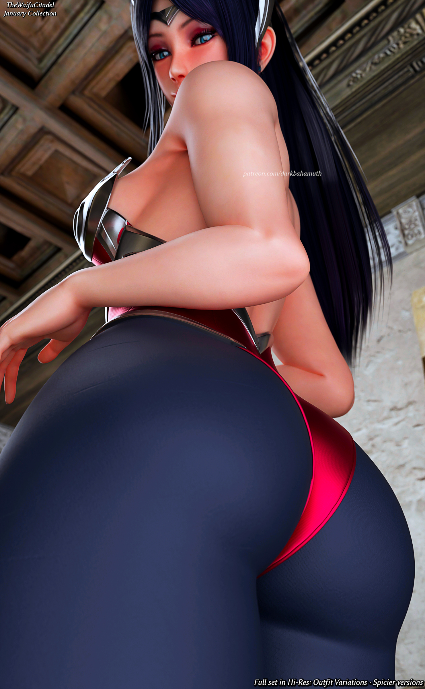 1girls, 3d, 3d (artwork), artist name, ass, ass focus, bare arms, big ass, black hair, blue eyes, ceiling, circlet, clothed, darkbahamuth, fat ass, female, female only, from below, headwear, hi res, highres, indoors, irelia xan, league of legends, leotard, long hair, looking at viewer, looking down, patreon, patreon url, pinup, riot games, sideboob, tight clothing