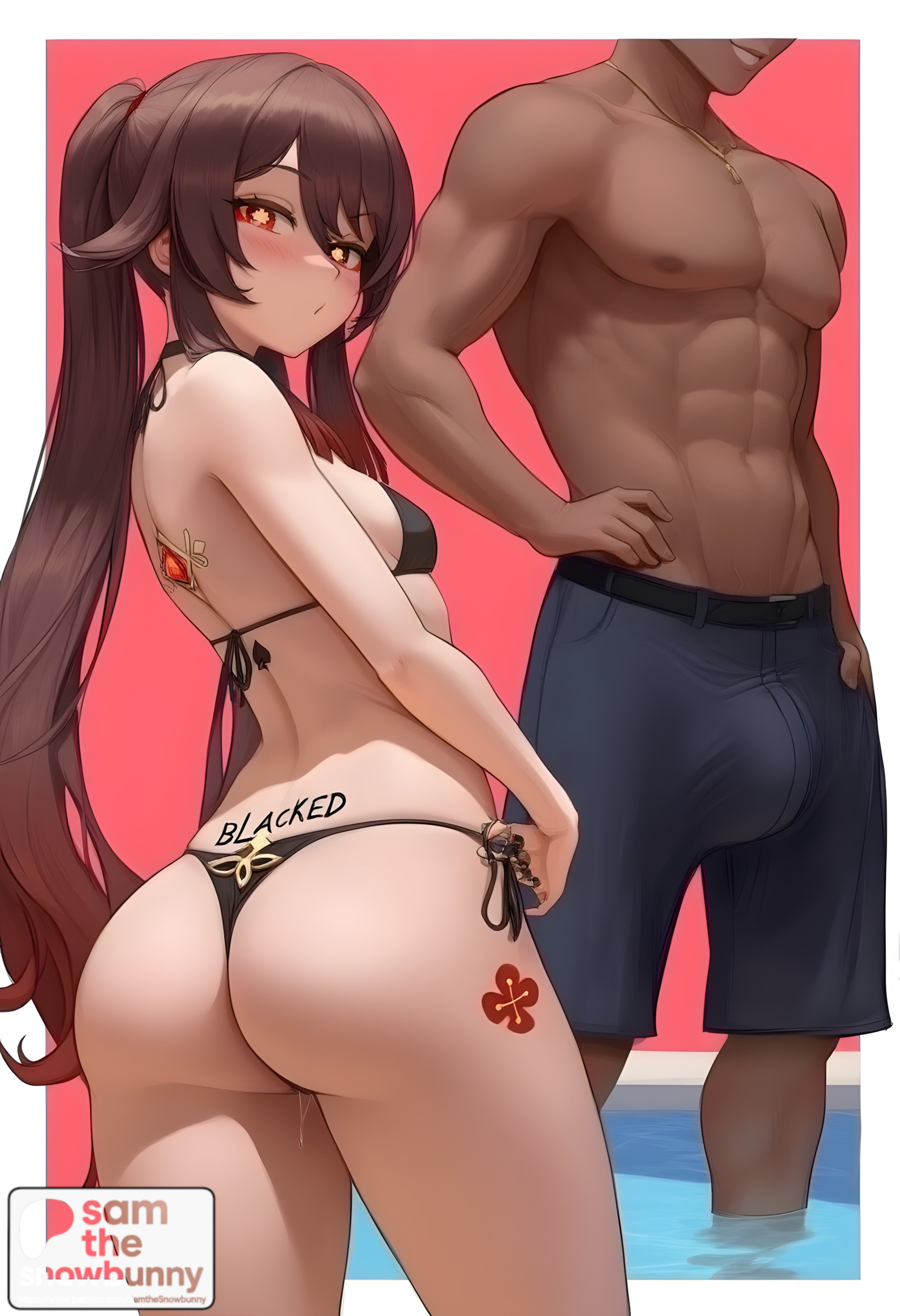 1boy, 1girls, 2d, ai generated, ass, big ass, big breasts, breasts, dark-skinned male, erection, female, female focus, full body, genshin impact, hu tao (genshin impact), interracial, large penis, patreon username, penis, qos, qos tattoo, queen of spades, sam the snowbunny, smile, straight, sweat, tattoo, thick, thick thighs, uncensored