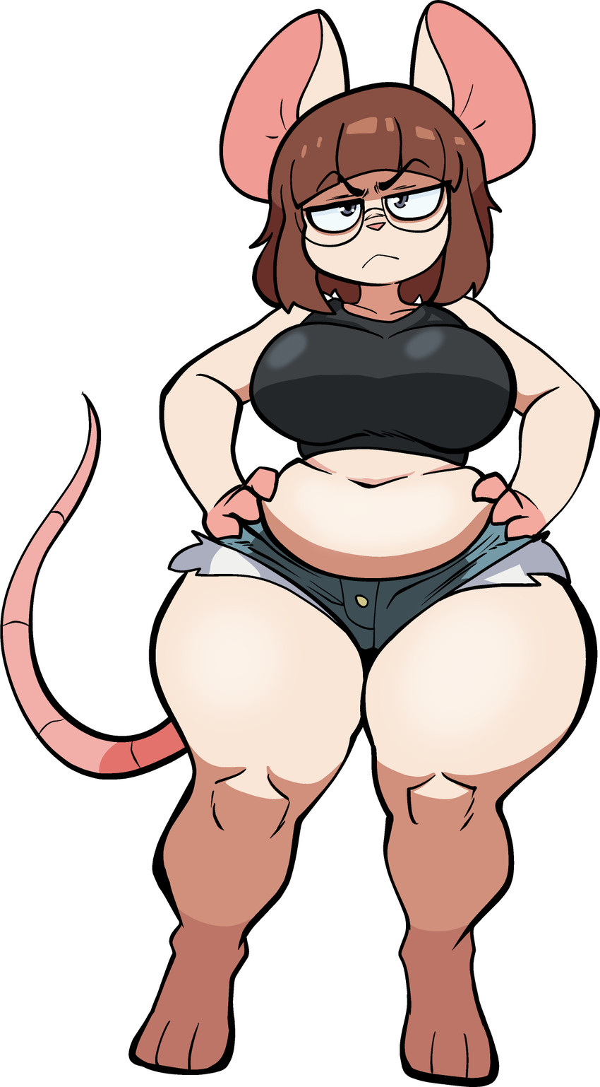 1girls, 2d (artwork), annoyed, anthro, apsel bluestar, bangs, belly, big breasts, black shirt, blue shorts, bottomwear, brown hair, chubby, daisy dukes, denim shorts, eyewear, female, frown, glasses, hands on hips, hotpants, huge ass, humanoid hands, mammal, mandy (apsel bluestar), mouse, mouse ears, mouse tail, multicolored body, multicolored fur, murid, murine, nerd, nerdy female, pawpads, paws, short hair, slightly chubby, slightly chubby anthro, slightly chubby female, thick ass, thick thighs, voluptuous anthro, voluptuous female