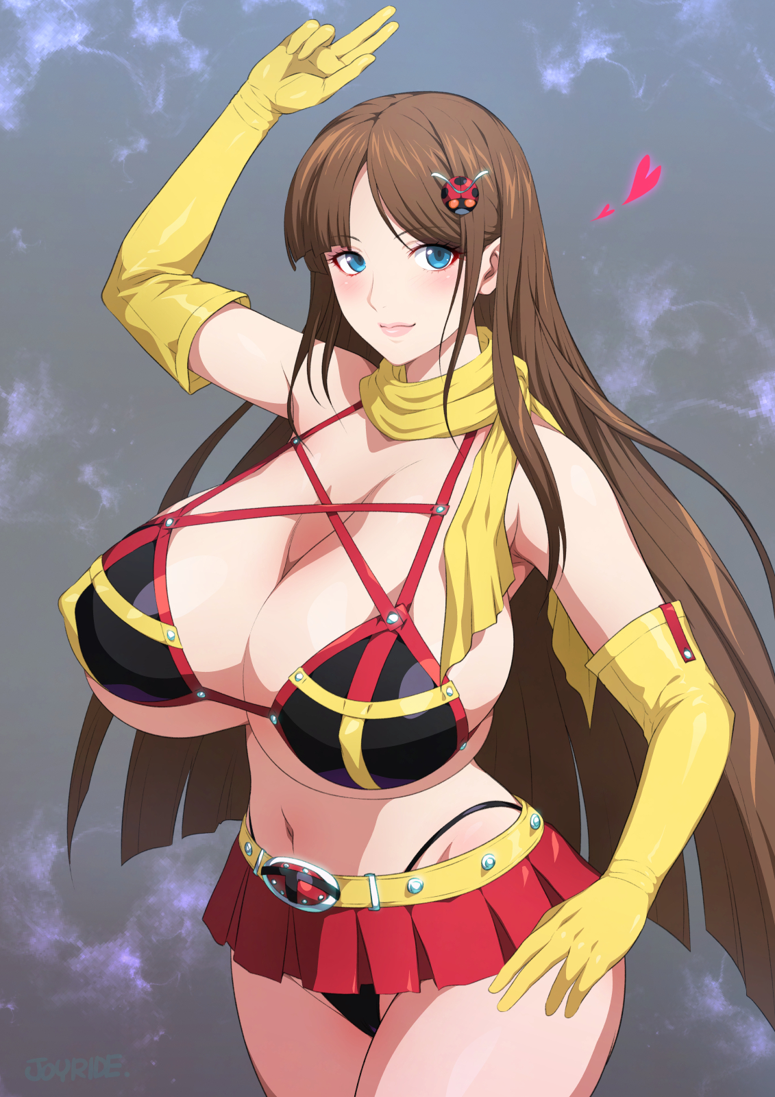 1girls, arm up, big breasts, blue eyes, breasts, brown hair, busty, child bearing hips, cleavage, curvy, electro wave human tackle, female, gloves, heart, huge breasts, human, joy ride, kamen rider, legs, long hair, looking at viewer, midriff, navel, okada yuriko, older female, pink lipstick, sideboob, skirt, smile, superheroine, teacher, thighs, thong, toujima tanzaburou wa kamen rider ni naritai, voluptuous