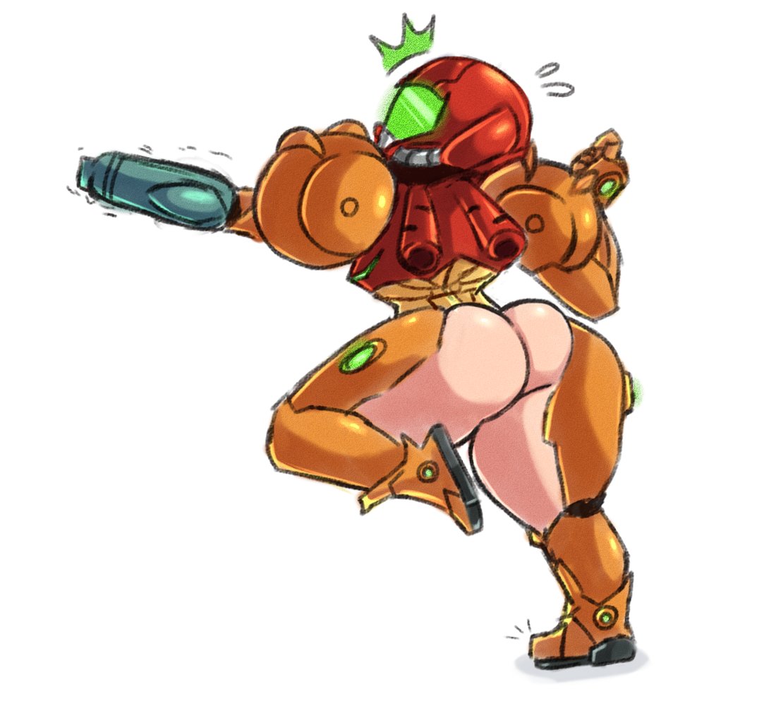 1female, 1girls, 2024, alternate version at source, arm cannon, armor, armored, armored female, armored samus, ass, ass focus, ass out, butt crack, butt focus, butt out, cheeks, chibi, female, female focus, female human, female only, green visor, helmet, helmet with visor, light skin, light skin female, light skinned, light skinned female, metroid, mini, nintendo, princesskari, samus aran, shaking, shaking lines, shocked, shocked look, simple background, solo, solo female, solo focus, sweat, theprincesskari, thick thighs, thighs, weapon