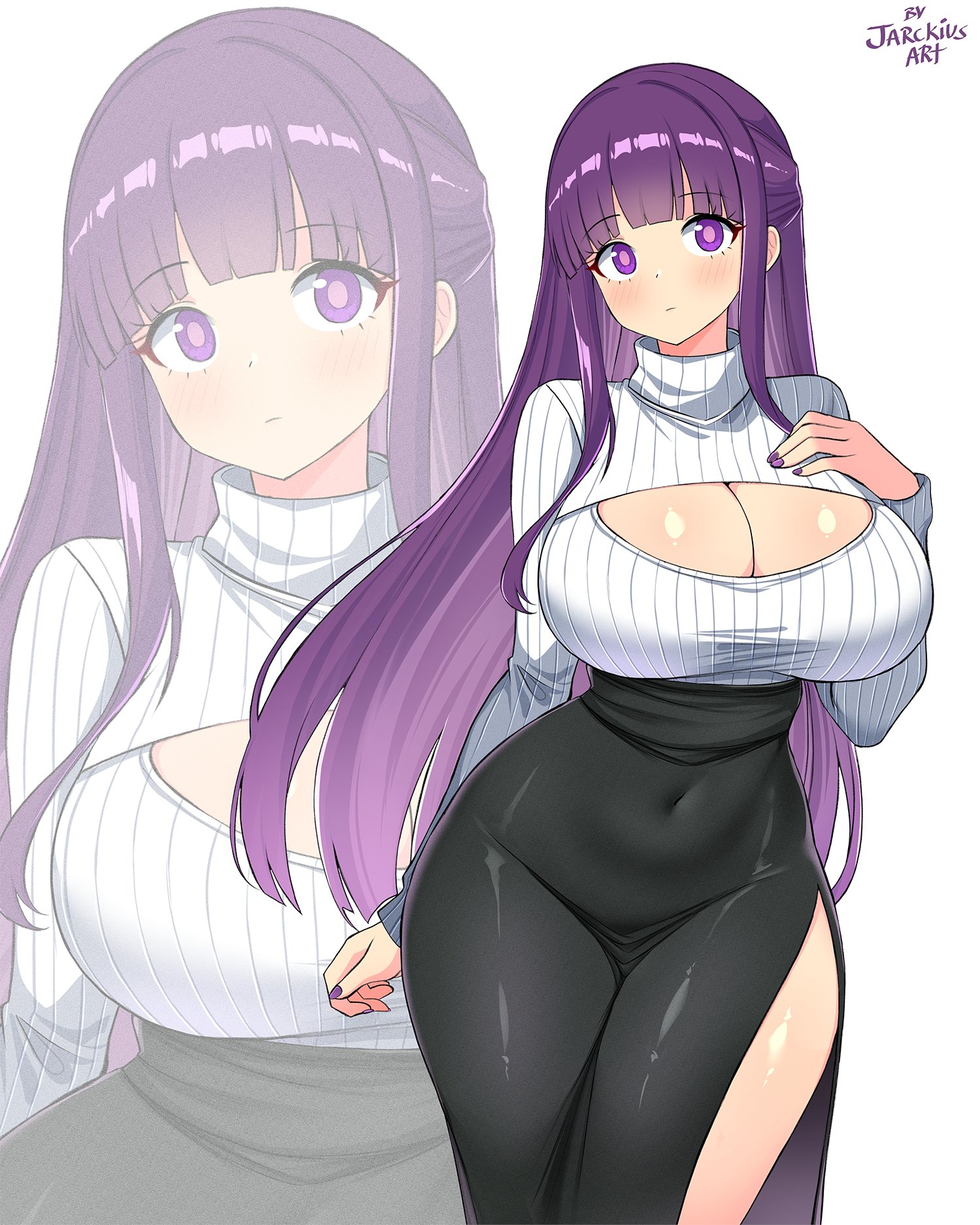 1girls, artist name, black skirt, blunt bangs, breasts, cleavage cutout, closed mouth, clothing cutout, commentary, covered navel, english commentary, female, female only, fern (sousou no frieren), hand on own chest, high-waist skirt, highres, hourglass figure, huge breasts, human, human female, jarckius, large breasts, light blush, light-skinned female, long hair, long sleeves, looking at viewer, nail polish, navel, paid reward available, pink hair, purple eyes, purple hair, purple nails, ribbed sweater, side slit, skirt, slim waist, sousou no frieren, standing, sweater, taut clothes, taut skirt, thick thighs, turtleneck, turtleneck sweater, very long hair, white sweater, wide hips, zoom layer