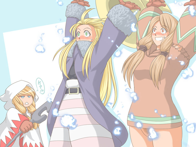 3girls arms_up belt black_mage black_mage_(fft) blonde_hair blue_eyes blush brown_hair censored convenient_censoring female final_fantasy final_fantasy_tactics final_fantasy_tactics_(original) geomancer_(fft) green_eyes grin iijima_takatoshi long_hair magic multiple_girls orange_eyes pubic_hair robe smile staff white_mage white_mage_(fft)