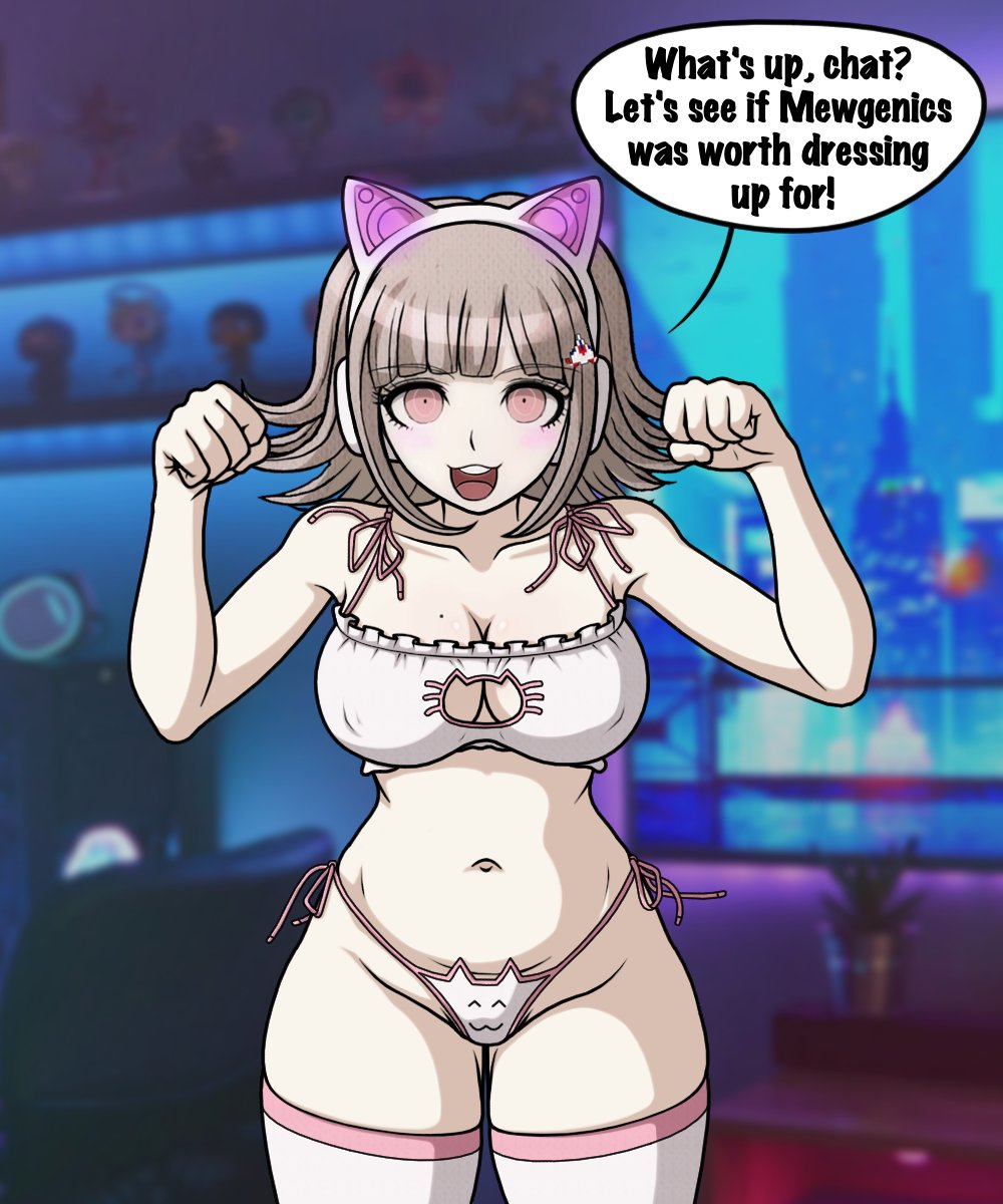 1girls, belly button, boob window, brown hair, cat bikini, cat ear headphones, cheeeeeeeeeeeeen, danganronpa, danganronpa (series), danganronpa 2: goodbye despair, female, female only, hi res, large breasts, long hair, looking at viewer, nanami chiaki, solo, sprite edit, thigh highs, thighhighs, thong, thong panties