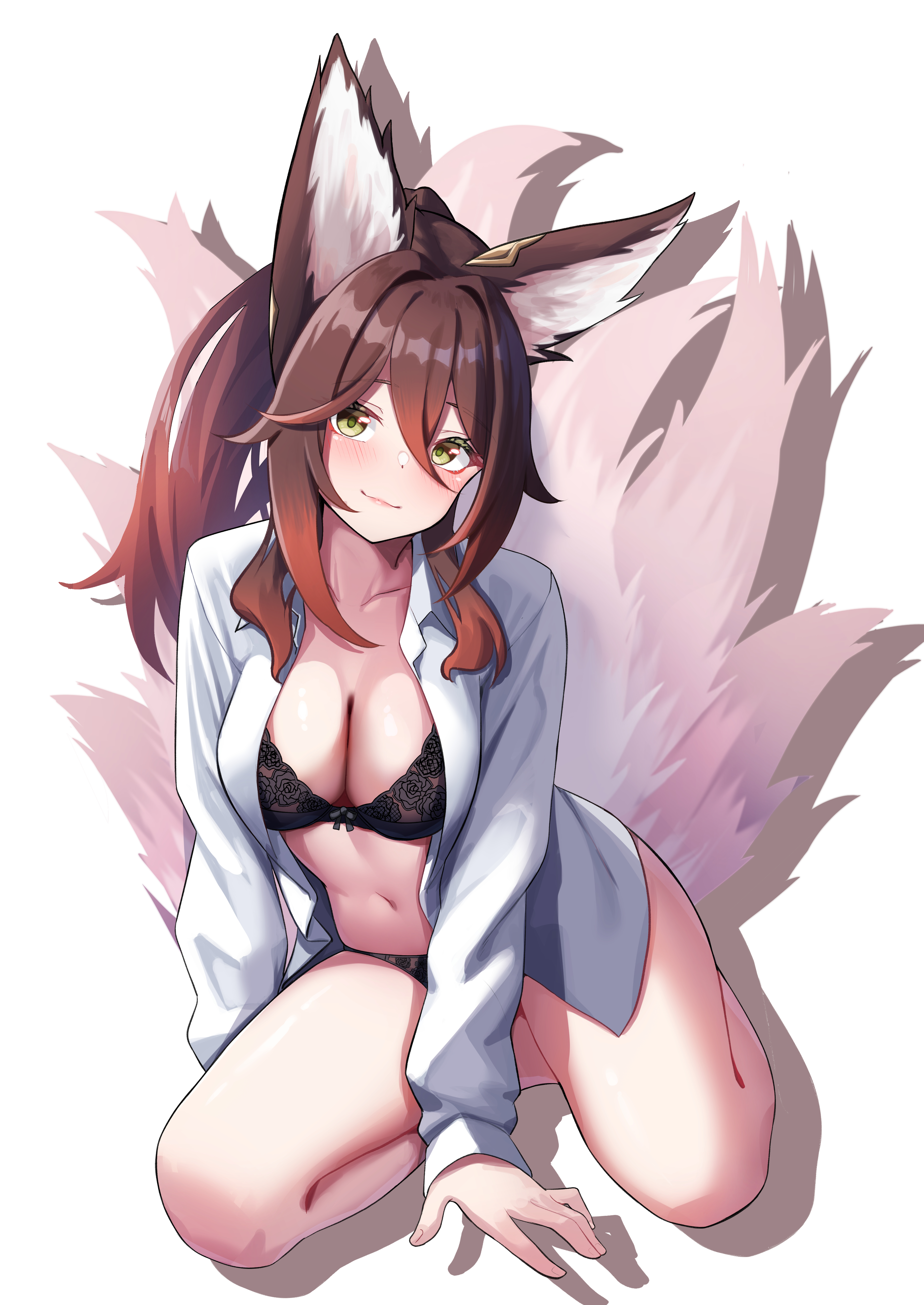1girls, blank background, brown hair, fox ears, fox girl, fox tail, fugue (honkai: star rail), green eyes, honkai: star rail, lingerie, looking at viewer, simple background, smile, smiling, solo, solo female, solo focus, tagme, tingyun (honkai: star rail)