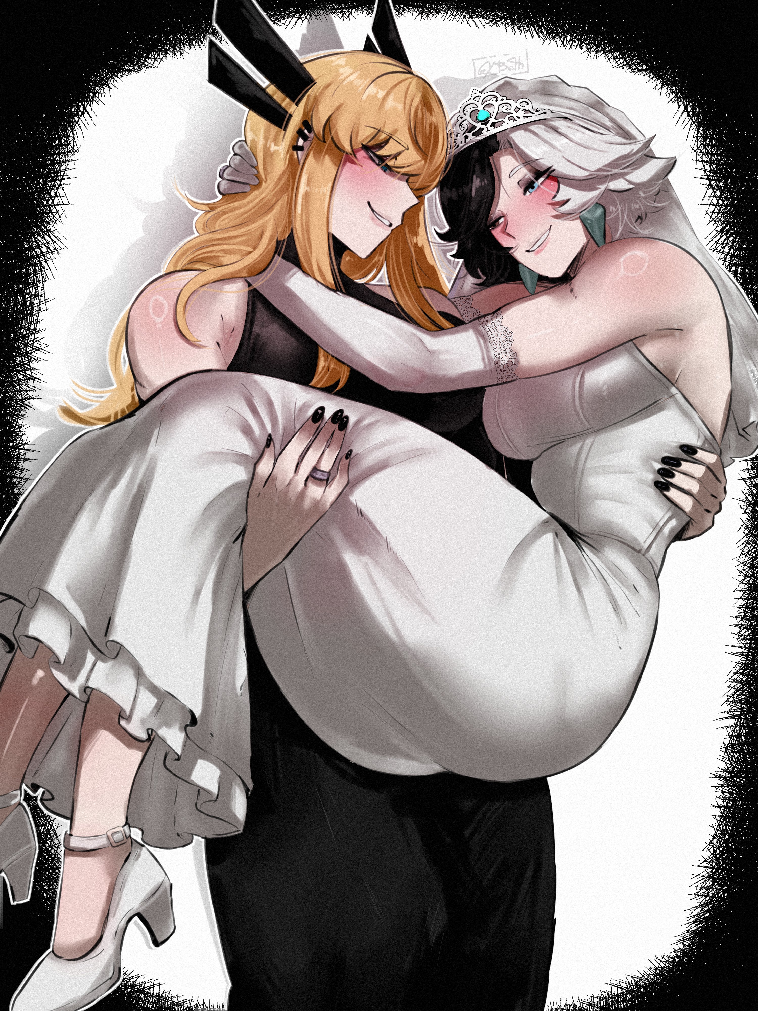 2d, 2d (artwork), 2girls, asian, asian female, ass, big ass, big breasts, blonde hair, blush, bridal veil, bride, carrying, carrying partner, clothed, female, female only, fully clothed, gybeth, heels, imminent sex, korean, korean female, lesbian wedding, luna snow, luna snow (marvel rivals), magik (illyana rasputin), magik (marvel rivals), married couple, marvel, marvel rivals, sfw, simple background, skindentation, snowsword, thick thighs, wedding, wedding dress, wedding ring, wedding veil, wholesome, wife and wife, yuri