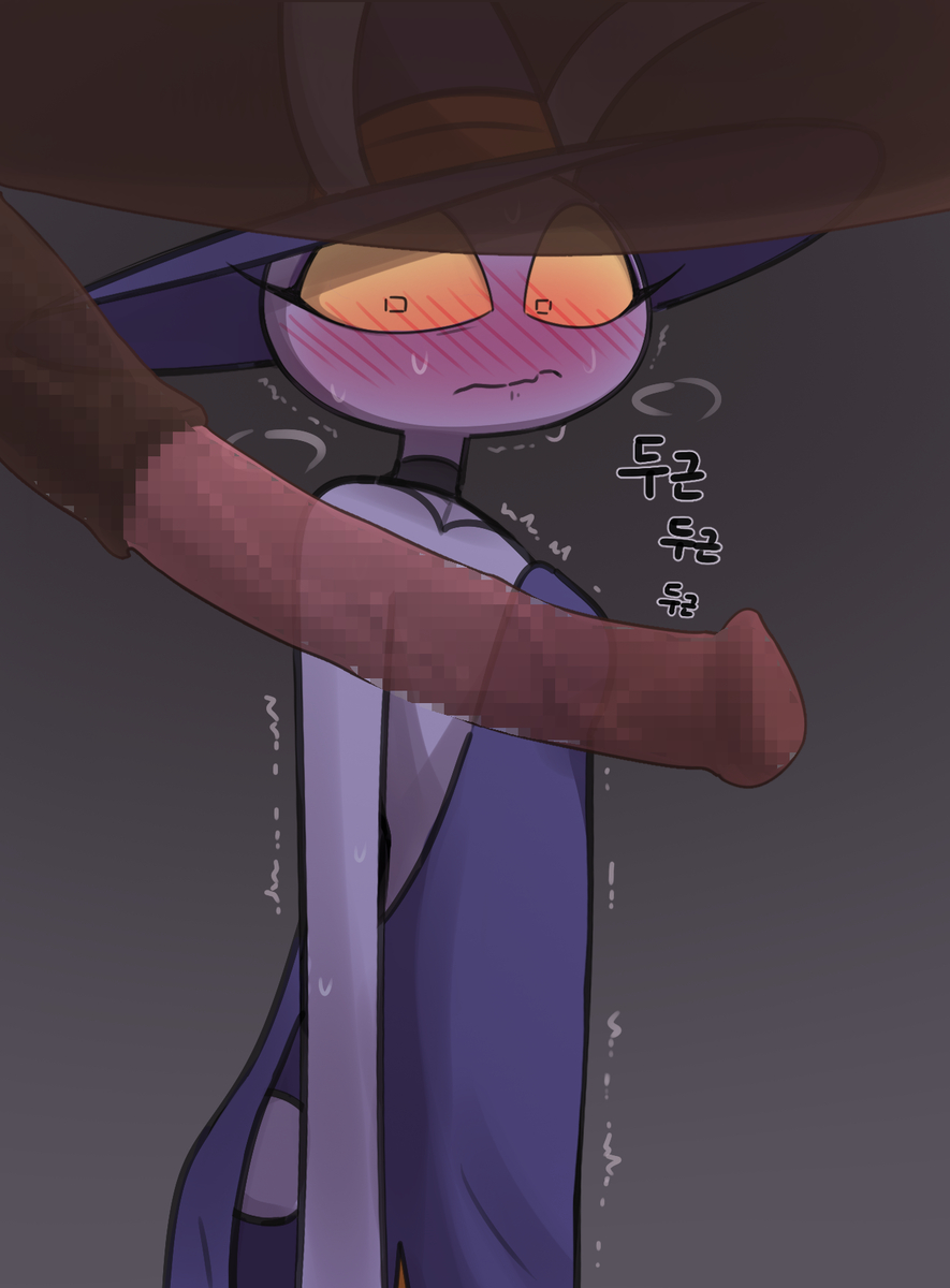 anthro, blush, bunny, bunny boy, eyeliner, femboy, glitch productions, horse, horsecock, jax (tadc), jax (the amazing digital circus), periwinkle fur, purple fur, scared, solo, solo focus, the amazing digital circus, witch, witch hat, witch jax (the amazing digital circus), yellow sclera