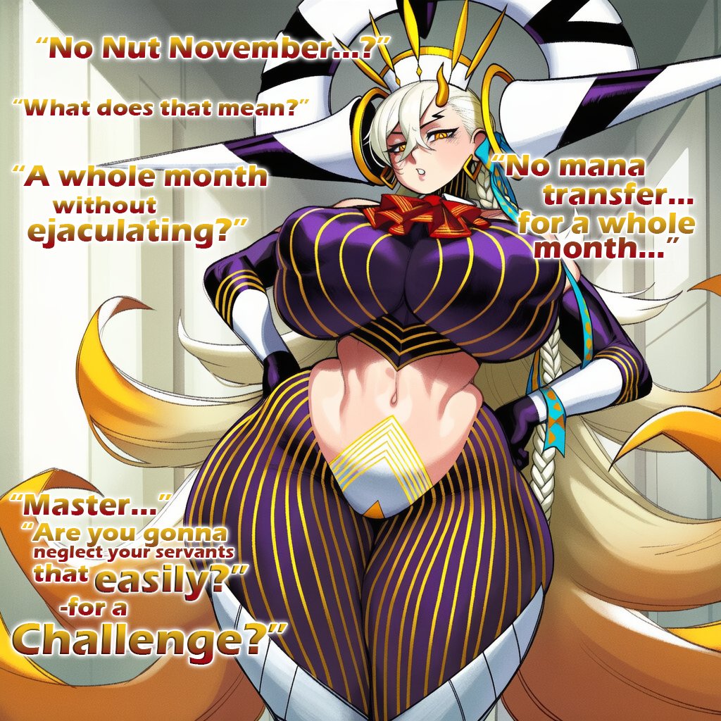 1girls, ai generated, bare midriff, black eyebrows, bowtie, braided hair, chiodokan, corridor, crown, english text, fate (series), fate/grand order, female, female only, gradient hair, hair ornament, hallway, hallway in background, hands on hips, horn, horns, looking at viewer, olga marie animusphere, solo, solo female, striped clothing, striped legwear, tagme, text, u-olga marie, very long hair, white hair, yellow eyes, yellow hair