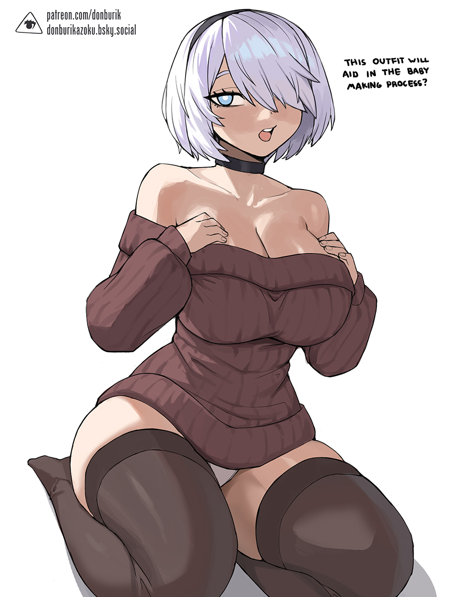 1girls, alternate breast size, alternate breast size (larger), bare shoulders, black choker, black thighhighs, blue eyes, breasts, brown sweater, choker, cleavage, donburi (donburikazoku), donburikazoku, english text, female, full body, hair over one eye, imminent sex, kneeling, large breasts, nier (series), nier: automata, no bra, off-shoulder sweater, panties, pantyshot, solo, sweater dress, thick thighs, thighhighs, white hair, white panties, yorha 2b
