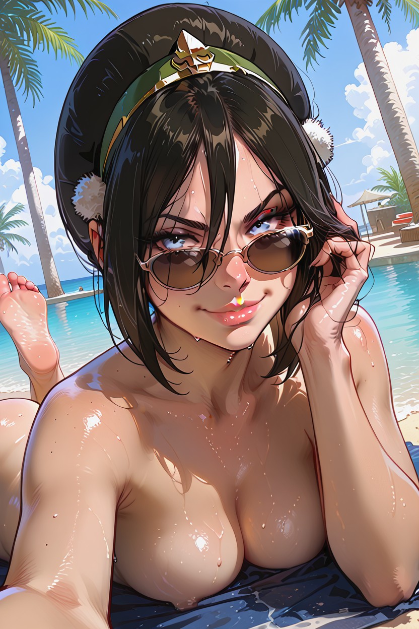 1girls, ai generated, avatar legends, avatar the last airbender, black hair, breasts, dark hair, faprunner78, feet, female, female only, hair accessory, looking over eyewear, looking over sunglasses, lying on stomach, natural breasts, nickelodeon, nicktoons, oiled skin, selfie, small breasts, solo, sunbathing, sunglasses, tied hair, tinted eyewear, toes, toph bei fong