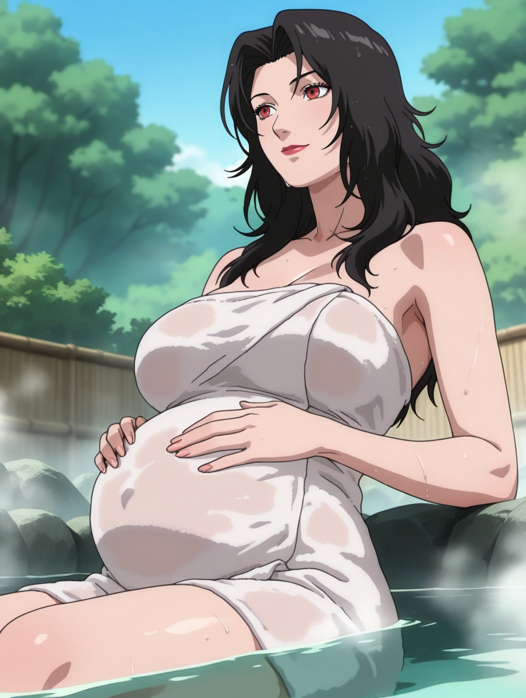 1girls, ai generated, bangs, barely clothed, big breasts, black hair, blush, breasts, breasts bigger than head, busty, child bearing hips, completely nude, cougar, covering self, day, druido, eyeshadow, female, female only, functionally nude, highres, hot spring, hourglass figure, indoors, kurenai yuhi, large breasts, lipstick, long hair, looking at viewer, mascara, mature, mature female, milf, naked towel, naruto, naruto (series), naruto shippuden, nude, nude female, onsen, oppai, parted bangs, pinup, pregnant, pregnant female, red eyes, relaxing, see-through, see-through clothing, see-through towel, shoulder length hair, sitting, slim waist, solo, solo focus, standing, steam, thick thighs, thighs, top heavy, top heavy breasts, towel, towel only, voluptuous, voluptuous female, water, wide hips, yuuhi kurenai