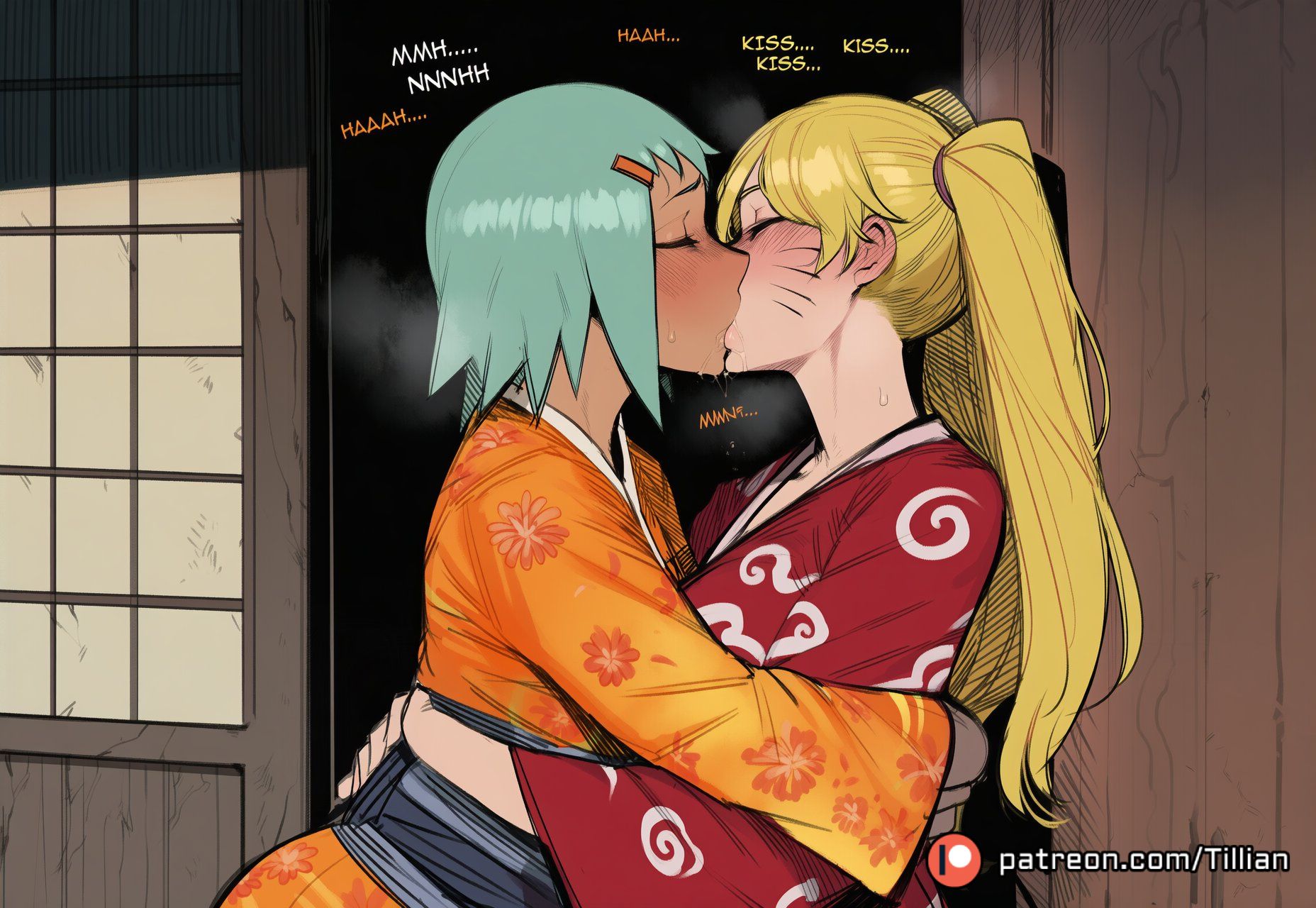 2girls, against wall, ai generated, aqua hair, artist name, blonde hair, blush, closed eyes, dark skin, dark-skinned female, english text, facial mark, facing another, french kiss, futanari, fuu (naruto), green hair, hair ornament, hairclip, hug, japanese clothes, kimono, kissing, long hair, multiple girls, naruko, naruto, naruto (series), naruto shippuden, orange kimono, patreon logo, patreon username, red kimono, rule 63, saliva, short hair, sweat, tillian, twintails, watermark, web address, whisker markings, yuri