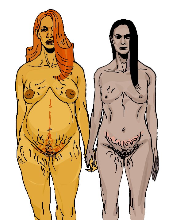 2girls, black hair, c-section scar, casual, completely nude, dark skin, female, female only, genderswap (mtf), hair over one eye, holding hands, large areolae, long hair, looking at viewer, medium breasts, no, i'm not a human, nonsexual, nonsexual nudity, nude, orange hair, pale skin, pregnant, protagonist (no, i'm not a human), pubic hair, rule 63, ryoakira66666, seductive woman (no, i'm not a human), stretch marks, yellow body, yellow skin, yuri