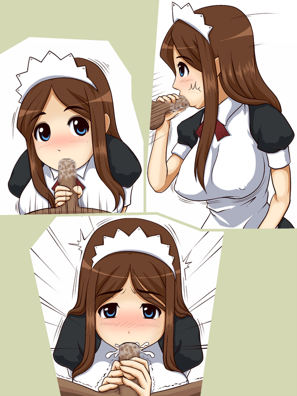 :>= blue_eyes blush brown_hair censored clothing cum dark-skinned_male dark_skin erect_nipples erect_nipples_under_clothes fellatio handjob hiyorimi_sawawa interracial kaibutsu_oujo large_breasts long_hair maid male oral shinryoku