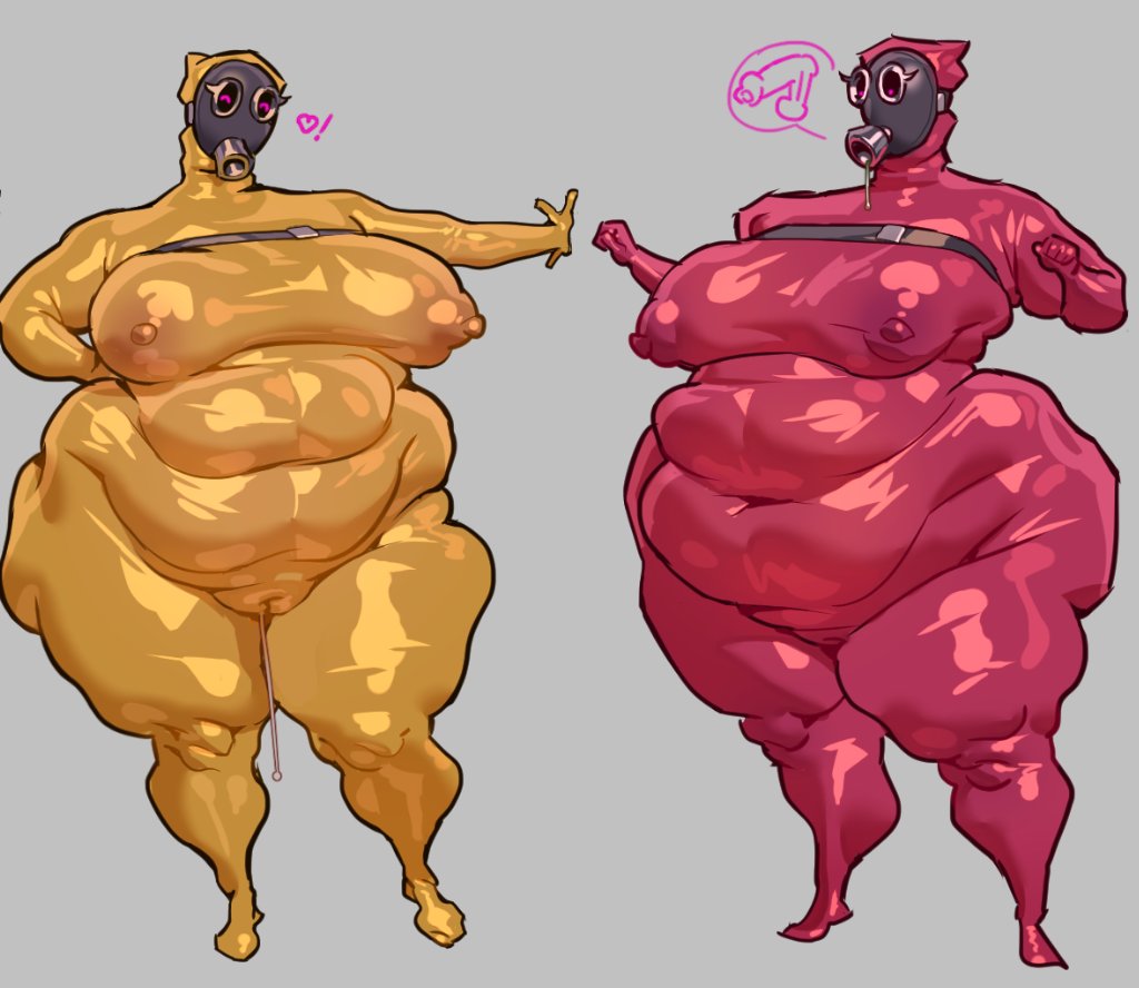 2girls, big breasts, bodysuit, breasts, breasts apart, chubby, fellatio mask, female, female focus, female only, mario (series), mature female, original, pussy, pussy juice, pussy juice drip, red bodysuit, simple background, snifit, stamina64, super mario bros., thick thighs, thighs, yellow bodysuit, yuri