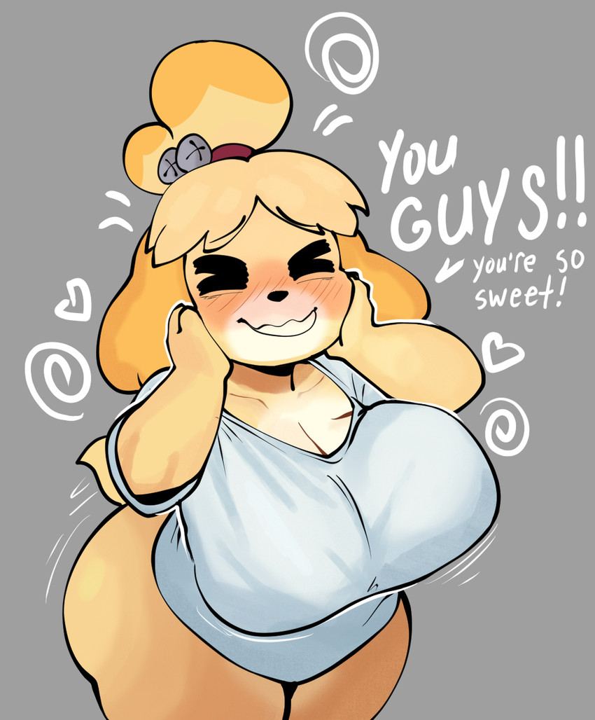 2d, animal crossing, anthro, anthro female, apsel bluestar, big ass, blonde hair, blush, bottomless, canid, canine, canis, cleavage, closed eyes, cute, cute face, dialogue, domestic dog, excited, female, hands on head, happy, huge breasts, isabelle (animal crossing), nintendo, shih tzu, smaller female, smile, thick thighs, topwear, toy dog, white shirt
