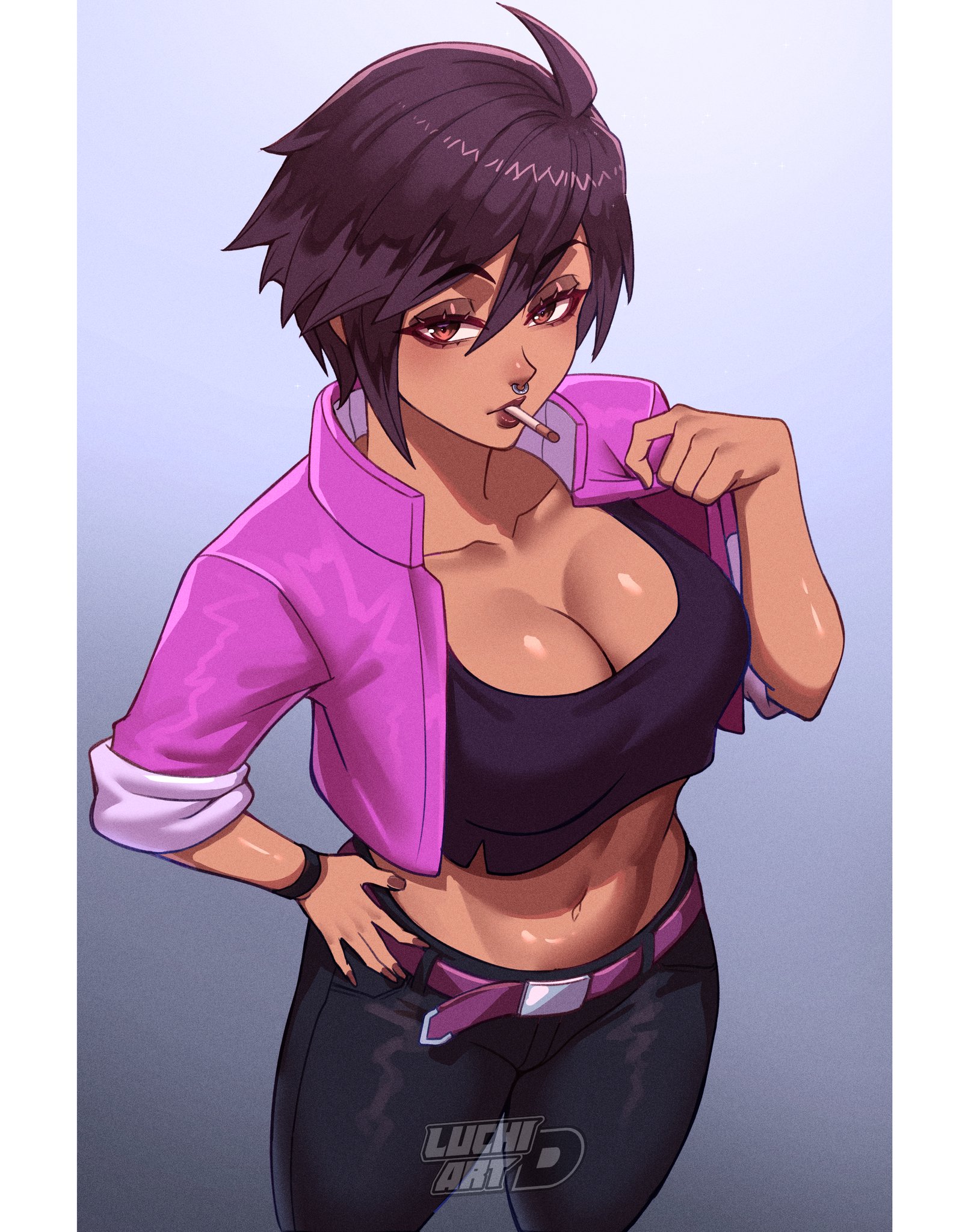 1girls, breasts, brown eyes, cigarette, cleavage, crop top, cropped jacket, dispatch, dispatch (game), face piercing, female, female only, highres, invisigal, jacket, large breasts, looking at viewer, luchidart, navel, nose piercing, nose ring, nostril piercing, piercing, pink jacket, purple nails, short hair, solo, stomach, unlit cigarette in mouth