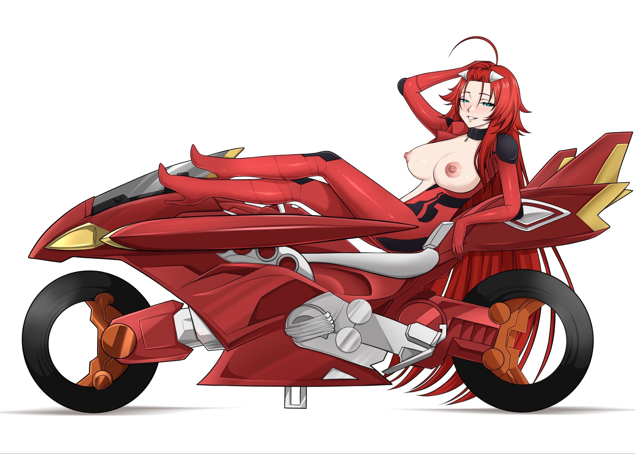1girls, ahoge, akiza izinski (cosplay), alternate version available, arm up, big breasts, blue eyes, blush, bodysuit, breasts, cosplay, detached collar, female, female only, hair ornament, high heels, high school dxd, highres, izayoi aki, large breasts, long hair, looking at viewer, motor vehicle, motorcycle, nipples, omgzenith, open bodysuit, open clothes, pose, red hair, rias gremory, simple background, smile, solo, very long hair, white background, yu-gi-oh!, yu-gi-oh! 5d's