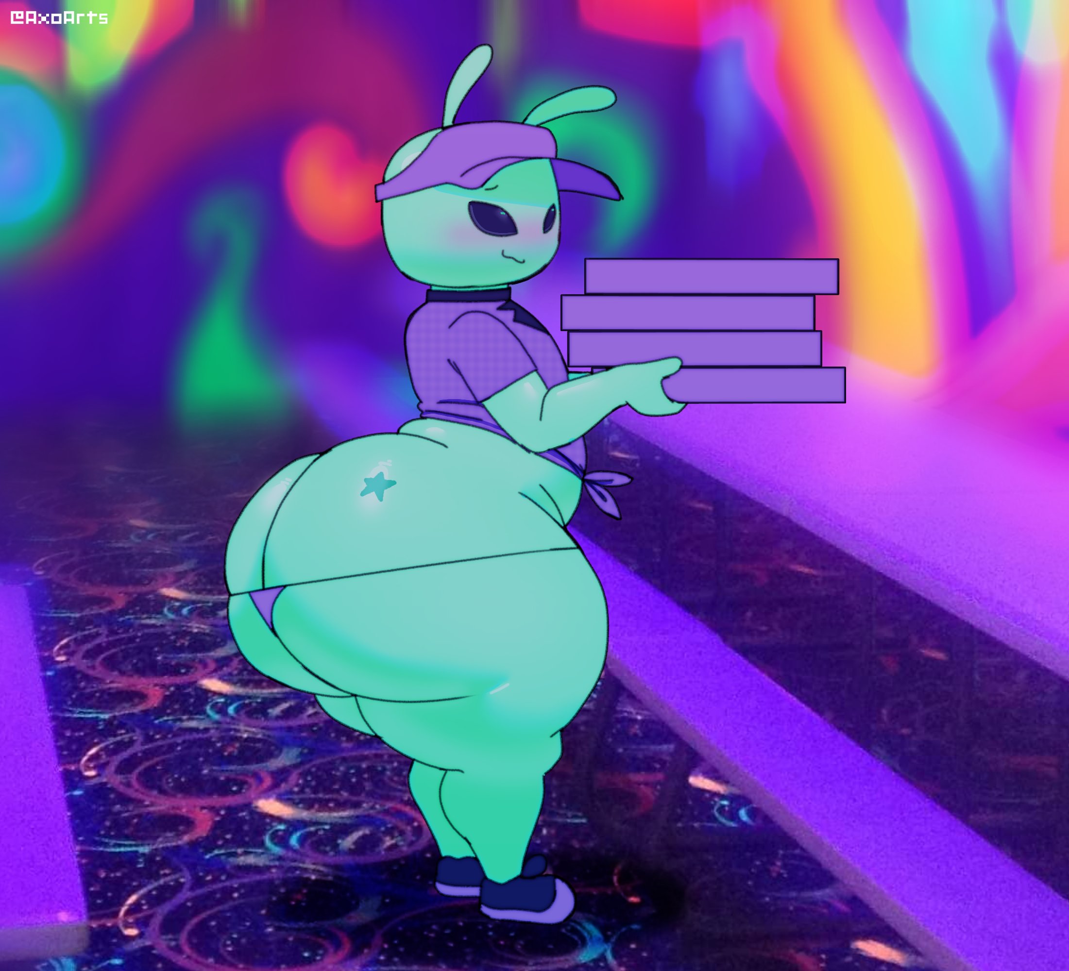 1boy, alien, alien elliot (forsaken), antennae (anatomy), arcade, ass, axoarts, big ass, blush, bottomless, bubble butt, cute, fat ass, forsaken (roblox), gleep, glorp, green skin, little green men, no pants, panties, partially clothed, pizza, pizza box, roblox, roblox game, robloxian, shirt, shoes, sneakers, star (symbol), tagme, thick thighs, thighs, uniform