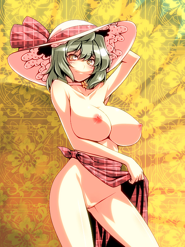 bottomless bow breasts choker curvy green_hair hairbow hat huge_breasts large_breasts nipples nude plaid pussy short_hair side-tie_skirt skirt skirt_lift smile sun_hat symbol-shaped_pupils topless touhou tro uncensored unmoving_pattern yellow_eyes youkai yuka_kazami