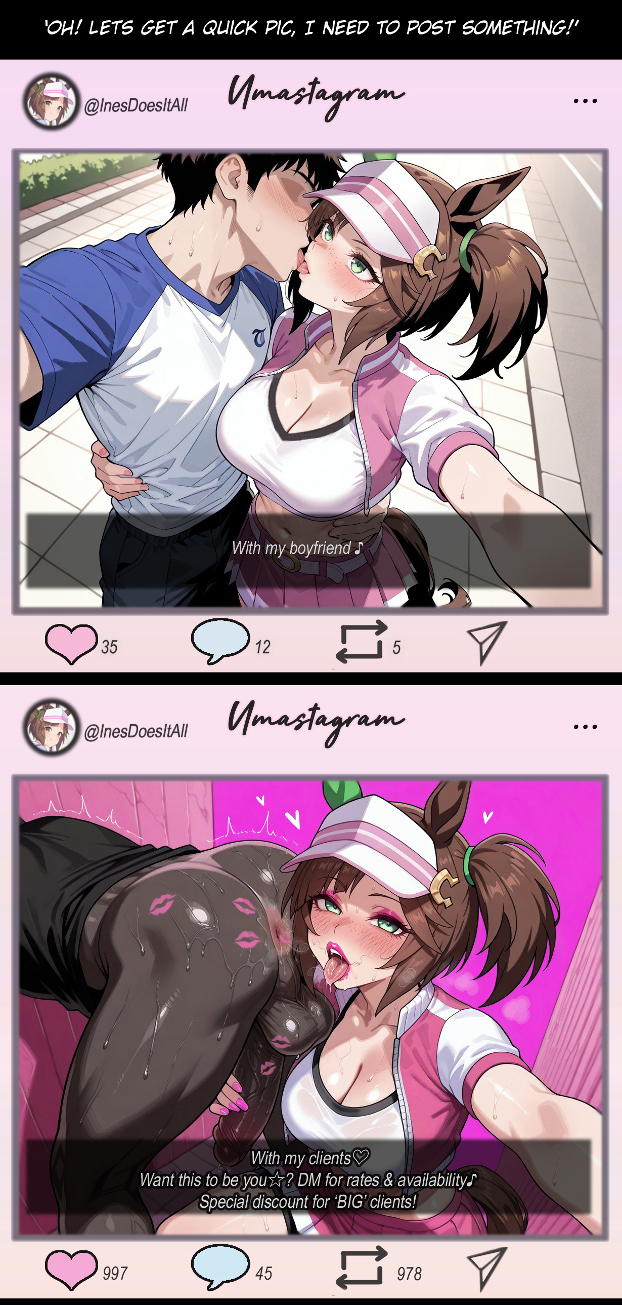 1girls, ai generated, ass, bitch, cheating, cheating girlfriend, child bearing hips, cuckolding, curvaceous, curvaceous ass, curvaceous body, curvaceous female, curvaceous figure, curvaceous hips, curvaceous thighs, curvy, curvy body, curvy female, curvy figure, curvy hips, curvy thighs, dark-skinned male, female, female focus, female rimming male, green eyes, horse ears, horse tail, implied ntr, ines fujin (umamusume), instagram, interracial, large breasts, ntr, pink eyeshadow, pink lipstick, prostitute, prostitution, rimjob, senam66, shorts under skirt, social media, stray pubic hair, text, thick, thick hips, thick legs, umamusume, umamusume pretty derby, visor cap, waifu