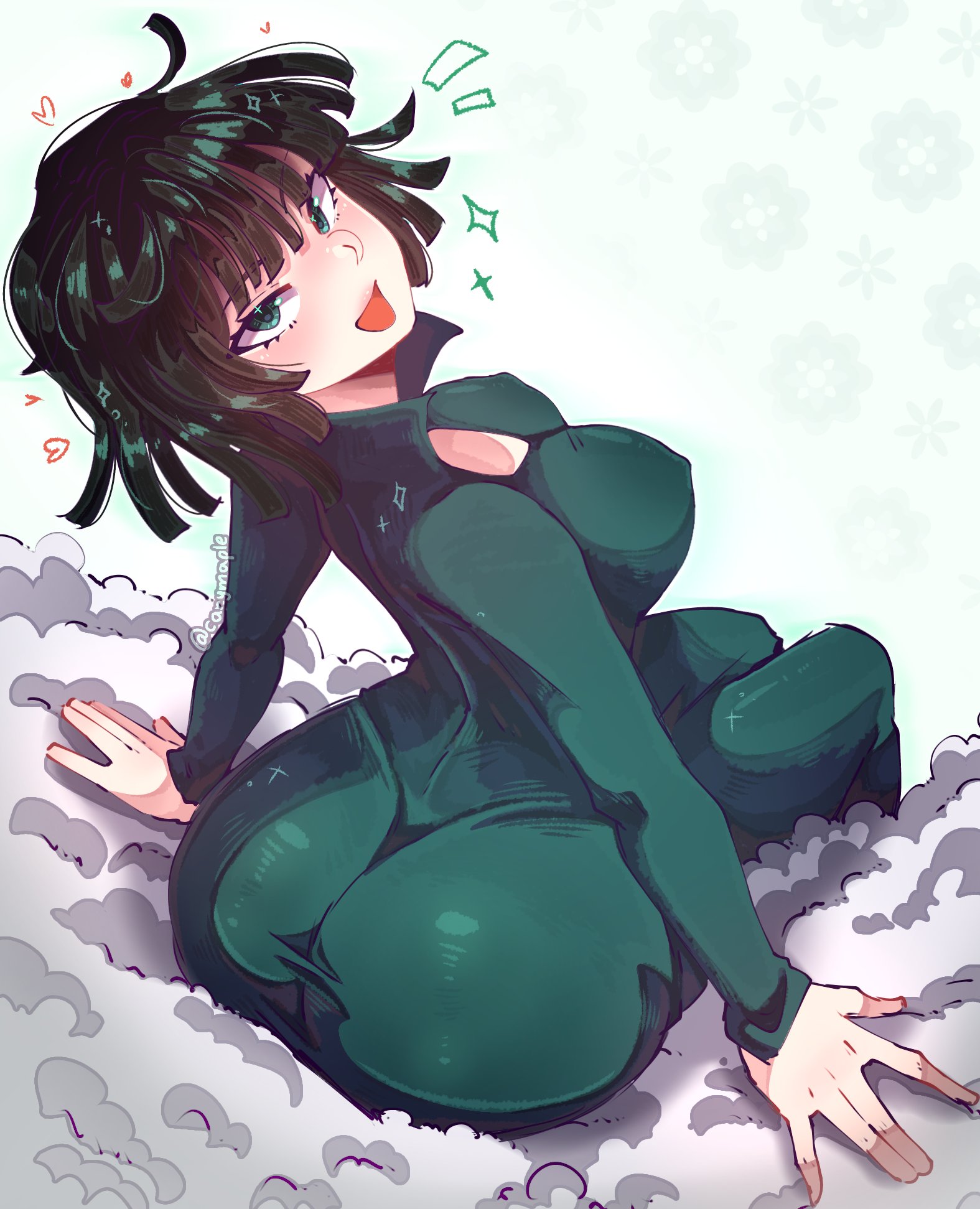 1girls, ass, breasts, carymaple, dress, female, female focus, female only, fubuki (one-punch man), green eyes, green hair, large ass, large breasts, light skin, light-skinned female, looking at viewer, looking back, one-punch man, solo, wide hips
