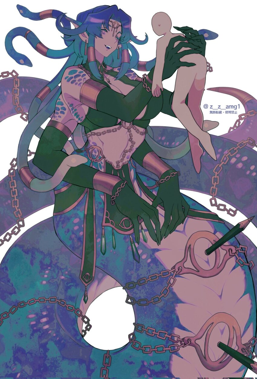 1other, aqua hair, artist name, blue hair, breasts, chains, cleavage, closed eyes, doshaburi (kushira), earrings, extra arms, female, giant, giantess, highres, holding, jewelry, lamia, large breasts, monster girl, multicolored hair, navel, oerba yun fang, open mouth, original, pelvic curtain, pencil, pointy ears, simple background, smile, snake hair, snake tail, tail