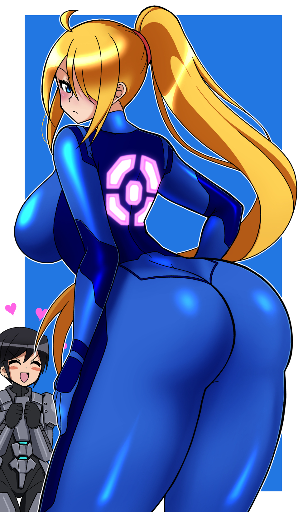 2girls, ass, ass focus, big ass, big breasts, black hair, blonde hair, blue eyes, bodysuit, breasts, closed eyes, female, female only, fully clothed, heart, iriomote umineko, large breasts, long hair, looking at viewer, looking back, metroid, metroid prime, metroid prime 4: beyond, nintendo, nora armstrong, ponytail, samus aran, shiny clothes, tagme, tight clothing, zero suit, zero suit samus