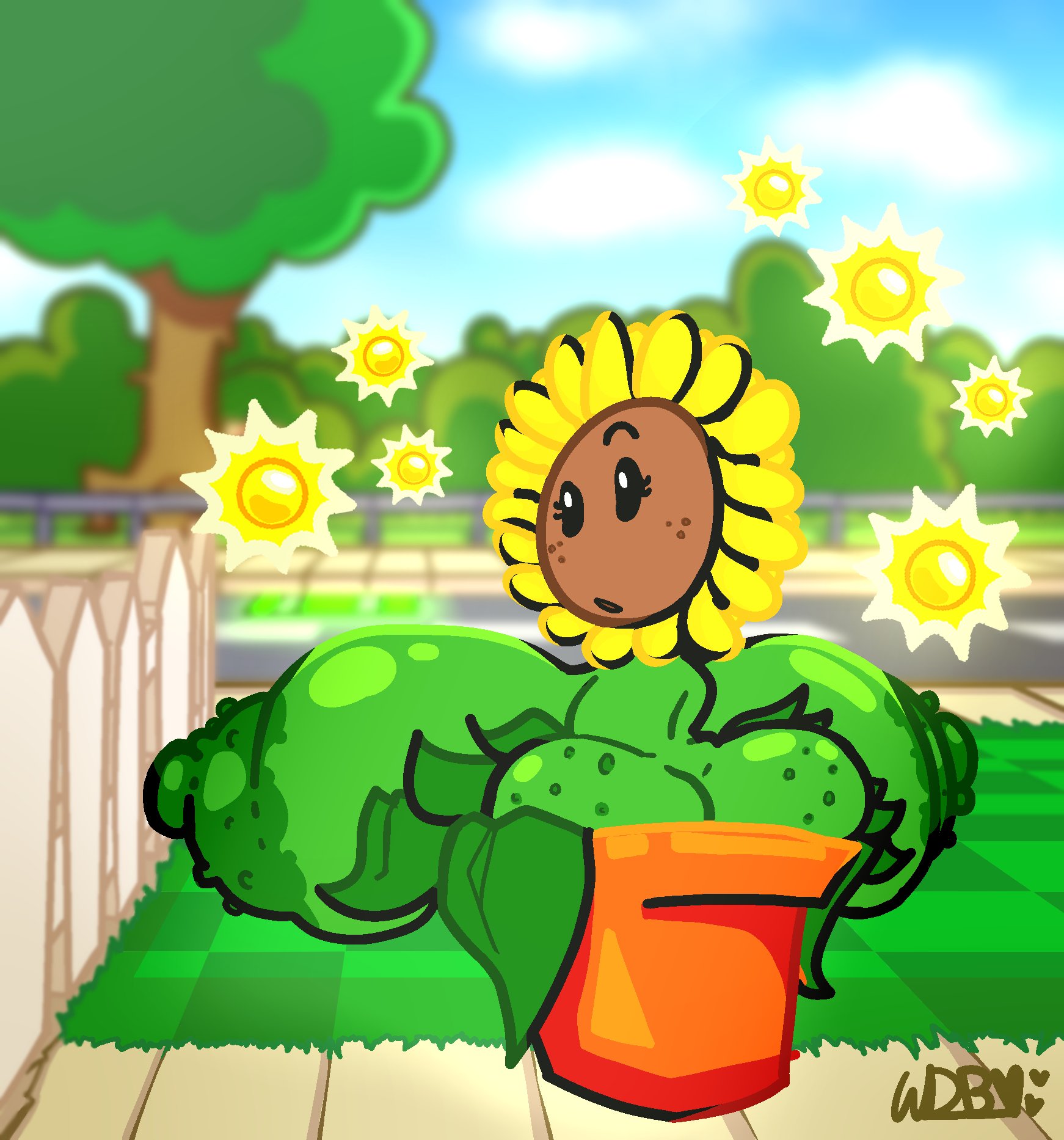 anthro, anthrofied, ass, big breasts, breasts, busty feral, daytime, electronic arts, female, feral, flora fauna, flower, flowerpot, glands of montgomery, grass, green body, huge breasts, lawn, pathway, plant, plant girl, plant humanoid, plantie, plants vs zombies, plants vs. zombies, popcap games, shortstack, sun (pvz), sunflower, sunflower (pvz), sunlight, video game character, video games, wdbittle