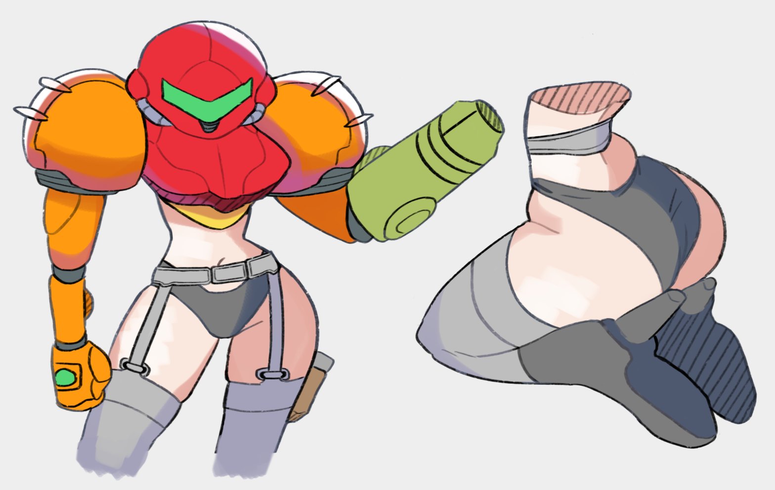 1female, 1girls, 2021, arm cannon, armor, armored, armored female, armored samus, ass, ass focus, assault visor, belt, black panties, black thighhighs, boots, butt focus, crop top, cropped legs, digital media (artwork), female, female focus, female human, female only, garter belt, green visor, grey background, grey thighhighs, helmet, high heels, holster, metroid, midriff, multiple views, navel, nintendo, panties, power armor, power suit (metroid), samus aran, solo, solo female, xenoglitch