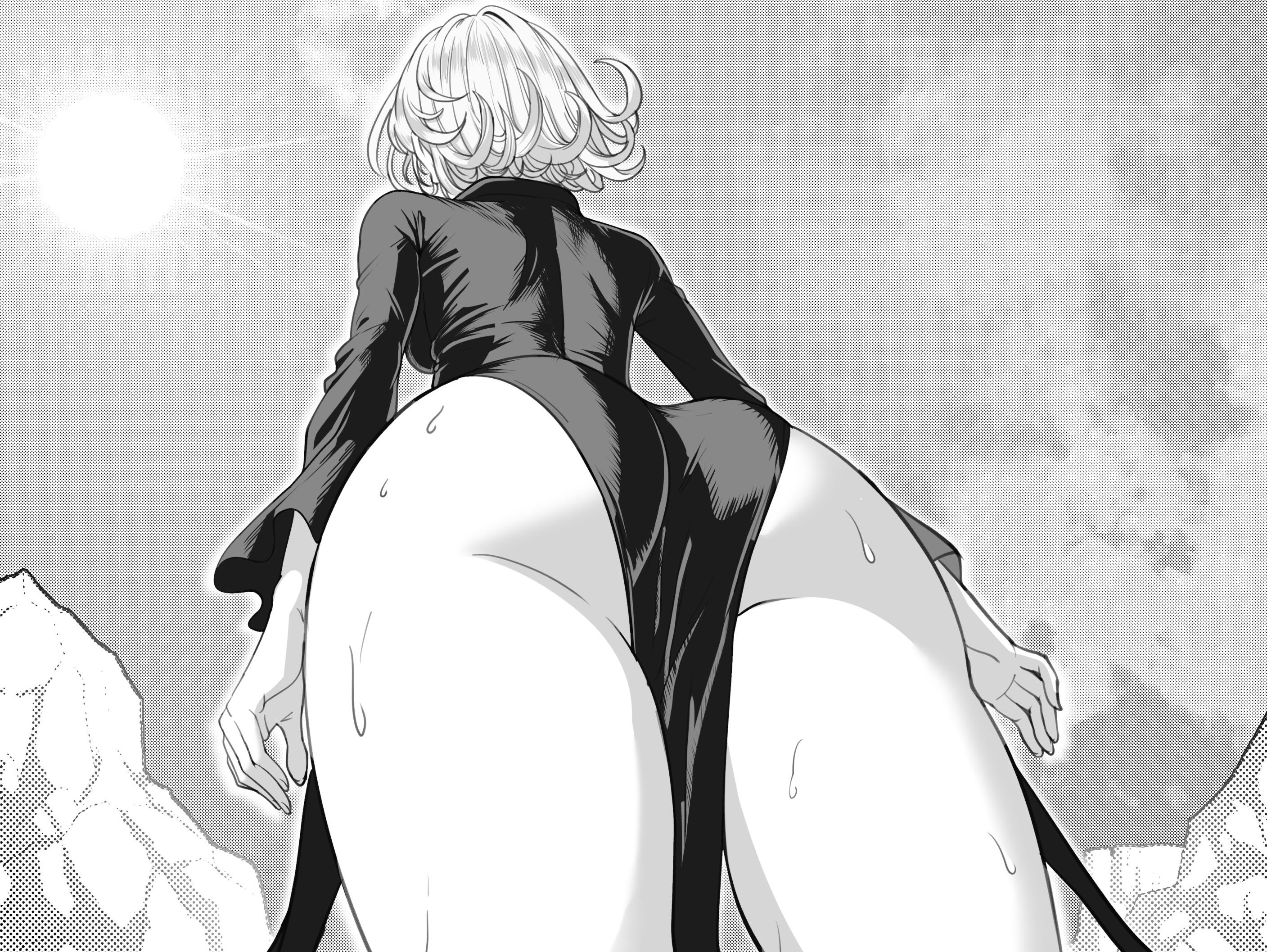 1girls, ass, big breasts, dress, female, female only, from behind, from below, greyscale, h-lab, huge ass, monochrome, one-punch man, solo, sweat, tatsumaki, thick thighs, thighs, wide hips