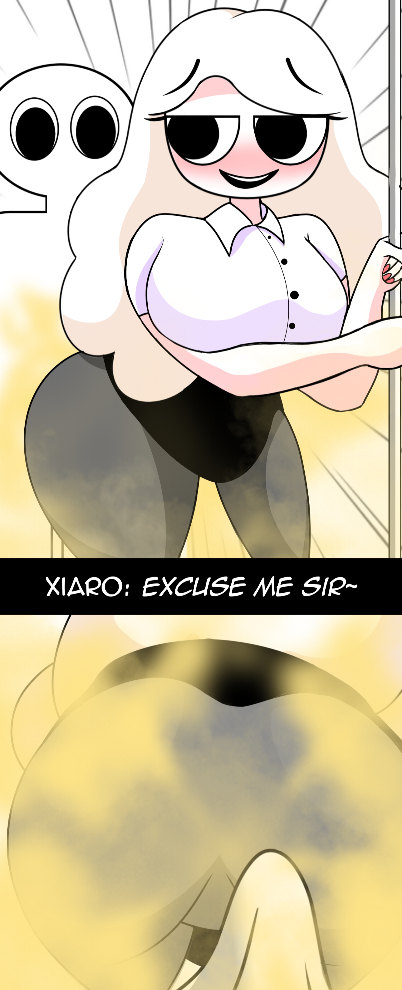 1boy1girl, ass, ass focus, bent over, big ass, boner in pants, bubble ass, bubble butt, enjoying farting, enjoying farts, erection, erection under clothes, fart, fart cloud, fart fetish, farting, office lady, penis, penis growth, penis out, public, white hair, xiaro