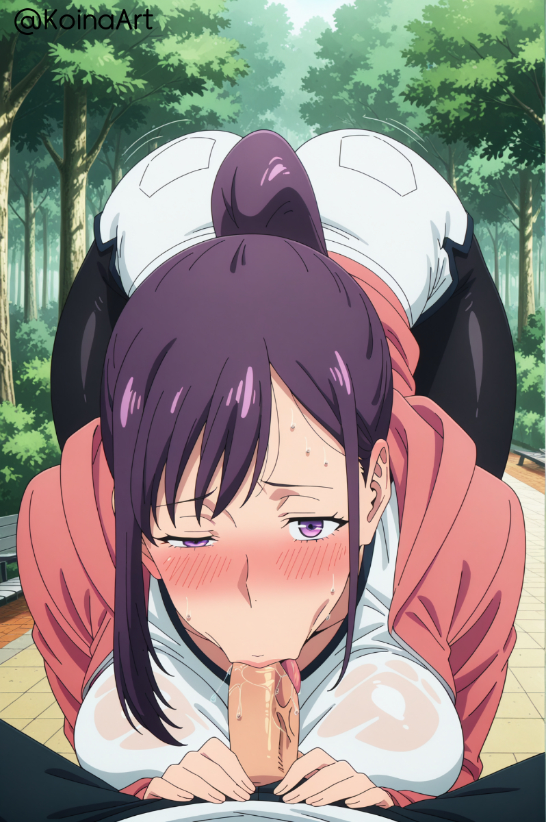 :>=, ai generated, bent over, big breasts, big butt, blowjob, blowjob face, deepthroat, female, half-closed eye, hanging breasts, highres, huge breasts, koinaart, pantyhose, patreon, perky breasts, ponytail, pov, public, public exposure, purple hair, shorts, solo leveling, sportswear, stable diffusion, standing, sung jin-ah, thick thighs, tongue, tongue out