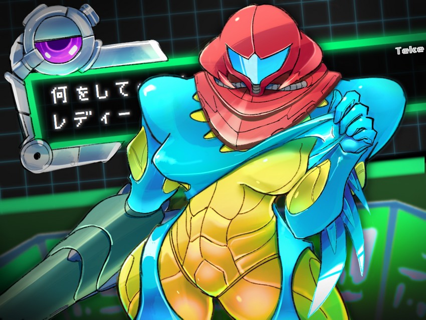 1female, 1girls, arm cannon, armor, armored, armored female, armored samus, artist name, assault visor, blue visor, breasts, clothes pull, female, female focus, female human, female only, flashing, fusion suit, grid background, helmet, looking at viewer, metroid, metroid fusion, nintendo, oppai challenge, pixelated, power armor, power suit (metroid), samus aran, science fiction, solo, solo female, solo focus, teke, thigh gap, translation request, varia suit, weapon, wide hips
