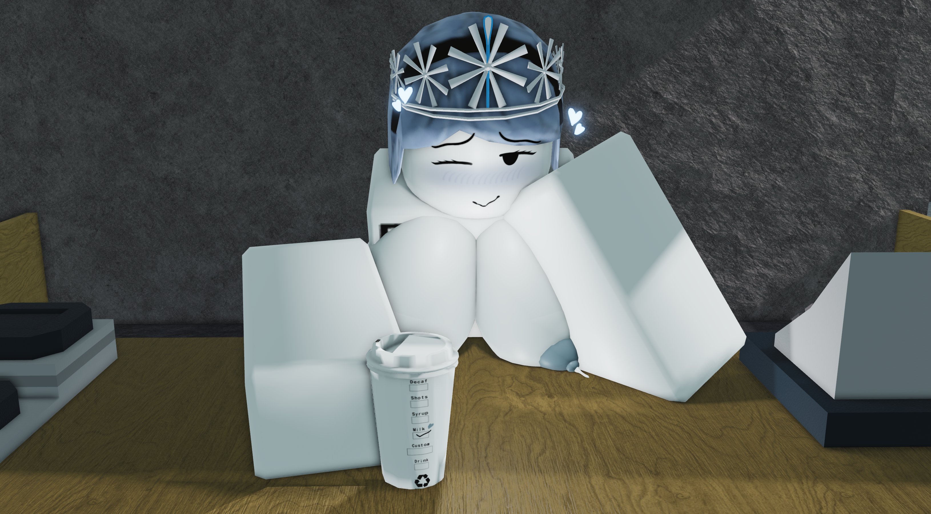 1girls, 3d, android girl, big breasts, blue hair, blush, breasts, coffee cup, cup, dream game, eunoia, lactating, lactation, lampshaderr34, looking at viewer, nipples, nude, roblox, roblox game, robloxian, smile, tagme, white body, wink