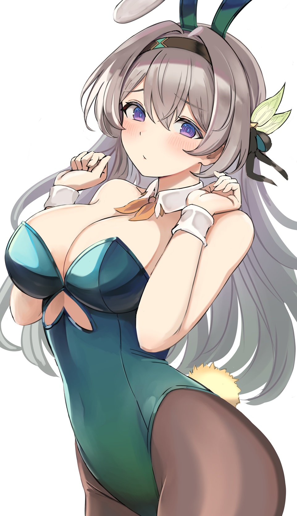 1girls, blush, breasts, bunnysuit, cleavage, enumiyan, fake animal ears, fake rabbit ears, fake tail, female focus, female only, firefly (honkai: star rail), gradient eyes, gradient hair, hair ornament, headband, honkai (series), honkai: star rail, large breasts, long hair, looking at viewer, multicolored eyes, pantyhose, parted lips, playboy bunny, rabbit tail, silver hair, simple background, solo, solo female, white background
