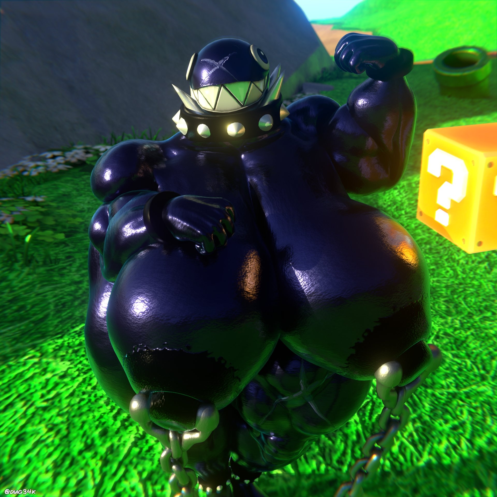 3d, 3d (artwork), big breasts, chain chomp, diag34k, female, gigi (thecoatl034), hyper, hyper breasts, kabalmystic (style), mario (series), muscular female, nipple piercing, nipples, solo, teeth