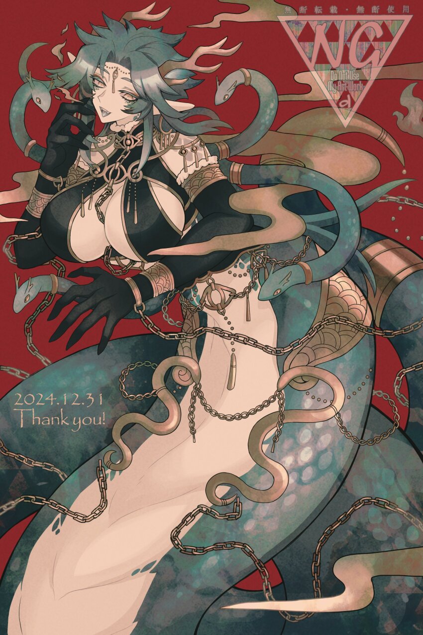 absurdres, antlers, bare shoulders, black gloves, breasts, chains, cleavage, doshaburi (kushira), earrings, elbow gloves, female, gloves, green hair, green scales, happy new year, highres, hoop earrings, horns, jewelry, lamia, long hair, monster girl, new year, original, pointy ears, red background, simple background, smile, snake hair, solo, tattoo, tongue, tongue out