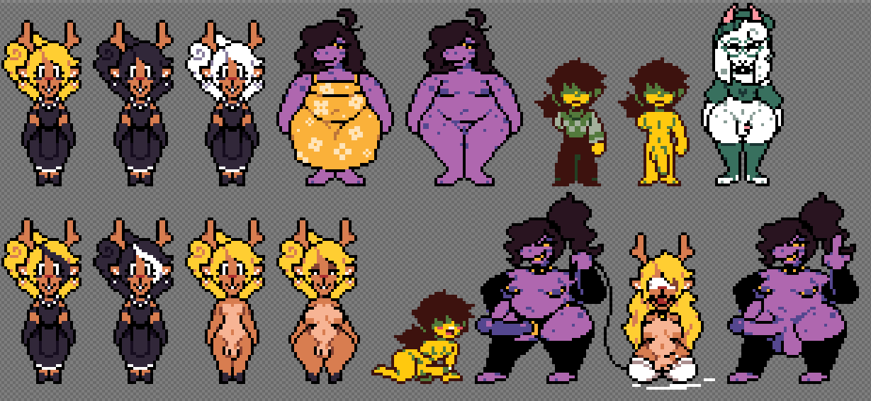 1boy, 2026, 2d, 3girls, 3girls1boy, accurate art style, aged up, all fours, ambiguous gender, amputee, anthro, antlers, ball gag, balls, belly, big balls, big belly, big breasts, big nipples, big penis, black hair, blindfold, blonde hair, blush, bodily fluids, bondage, bottomless, bound, bovid, breasts, cap, caprine, clothed, clothing, collar, cum, cum puddle, darkner, deer, deltarune, dinosaur, disability, dominant, dominant female, eager, earrings, erection, eyelashes, fat, fat ass, fat butt, fat female, feet, female, freckled legs, freckled thighs, freckles, fur, gag, gagged, genital fluids, genitals, glasses, goat, gold (metal), goth, goth girl, gothic, group, group sex, gynomorph, hair, horn, huge balls, huge cock, human, imminent pegging, imminent sex, intersex, kneeling, kris (deltarune), kris dreemurr, leash, long hair, makeup, male, mammal, messy hair, micropenis, missing arm, moronicpixels, naked, naked female, navel, nipple piercing, nipples, noelle holiday, nude, nude anthro, nude female, one arm, open mouth, partially clothed, penis, piercing, pixel art, pixelated, polycule, ponytail, precum, prehistoric species, purple body, purple strapon, pussy, ralsei, red nose, reindeer, reptile, restraints, scalie, sex, short hair, simple background, size difference, slim, small penis, smile, smiling at another, smiling at partner, snout, spiked collar, spikes, sprite, sprite sheet, standing, stockings, strapon, submissive, submissive female, submissive intersex, susie (deltarune), thick thighs, thigh highs, thighs, threesome, tongue, trio, undertale (series), xenias98