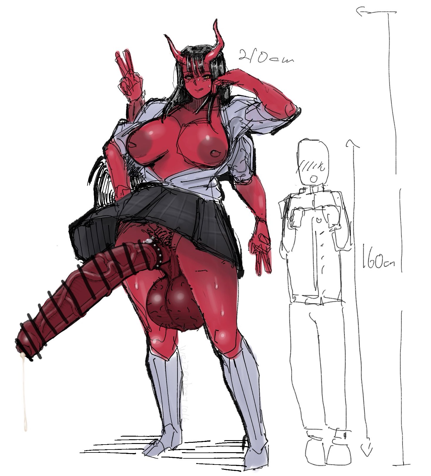 1boy, 1futa, balls, big balls, big breasts, big penis, black hair, busty, censor bar, censored, dark hair, demon, demon futa, demon horns, dick, dickgirl, foreskin, four arms, futa focus, futanari, hairy balls, height difference, horns, huge cock, large breasts, large penis, larger futa, male, massive balls, multi arm, nipples, partially clothed, penis, pubic hair, red body, red skin, scrotal raphe, scrotum flap, size difference, thick penis, unbuttoned shirt, unretracted foreskin, veiny penis, weizenbrot1016
