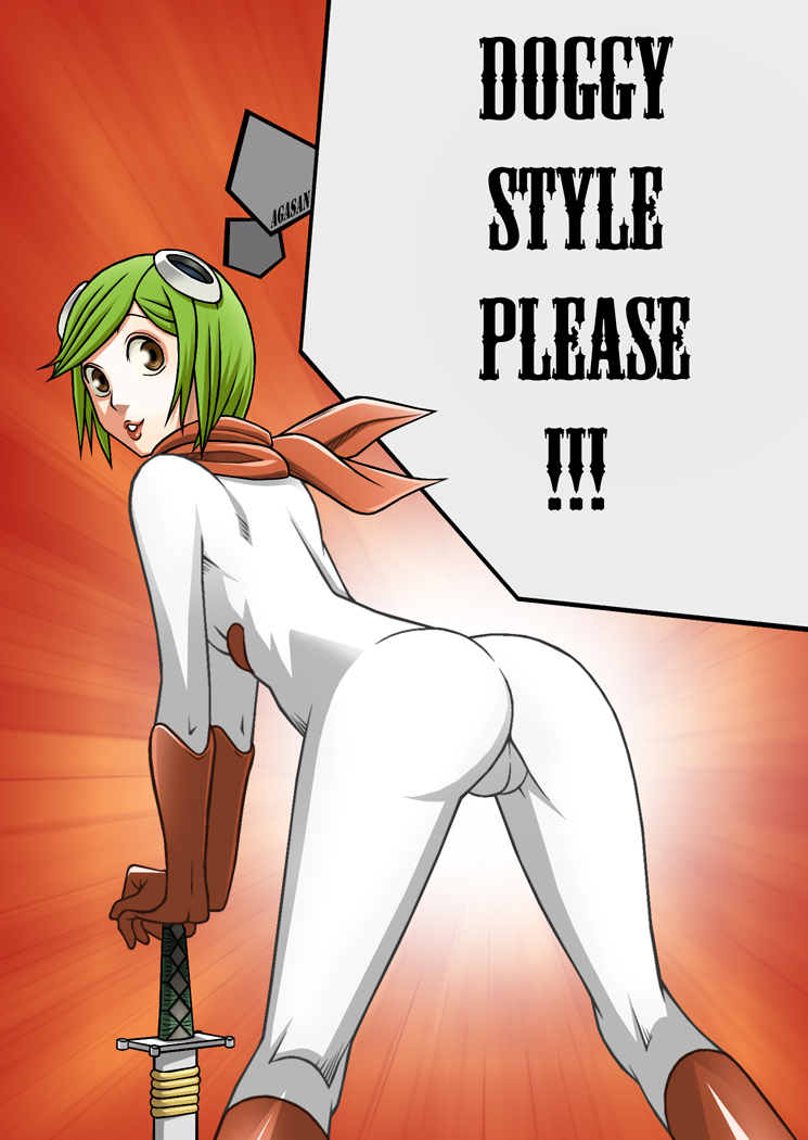 1girls agasan ass bent_over big_ass bleach bodysuit brown_eyes clothes comedy costume doggy_style english_text female female_only funny gloves green_hair hair happy invitation kuna_mashiro looking_back parody sexually_suggestive short_green_hair short_hair skin_tight smile solo spread_legs sword text tight_clothes weapon