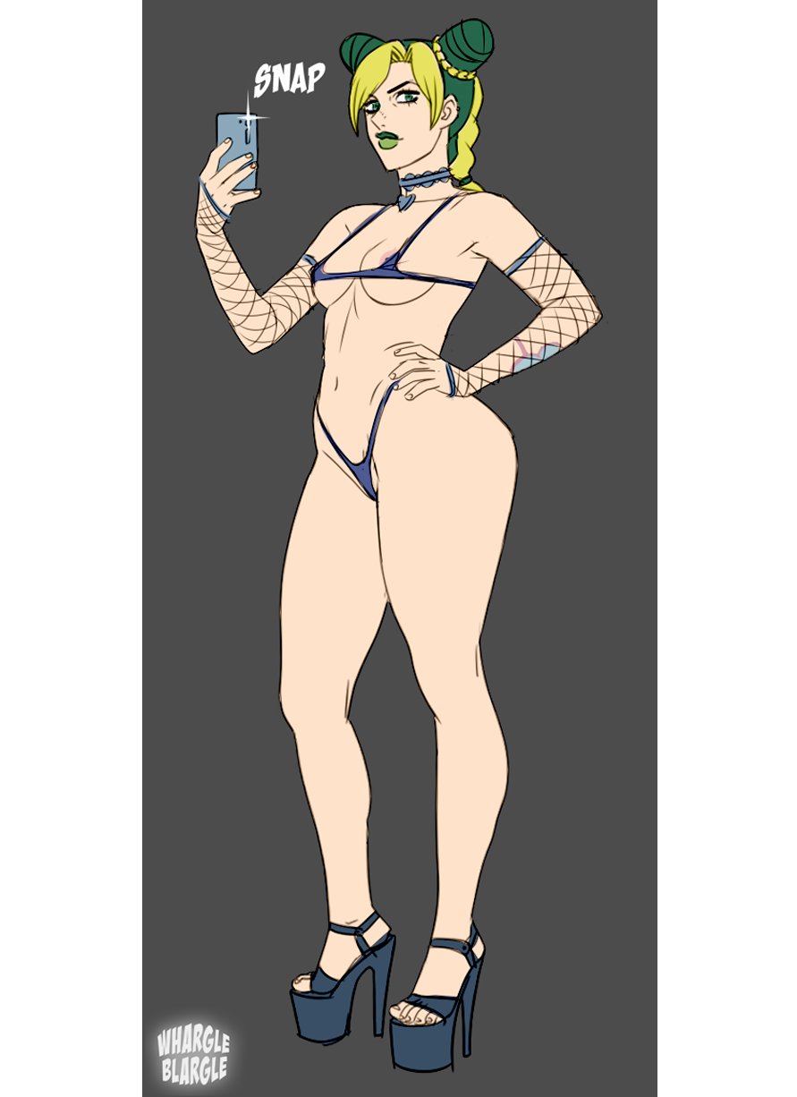 1girls, areola slip, areolae, bikini, female, female only, green lipstick, hand on hip, high heels, jojo's bizarre adventure, jolyne kujo, lipstick, makeup, micro bikini, platform heels, selfie, skimpy, smartphone, solo, stone ocean, whargleblargle