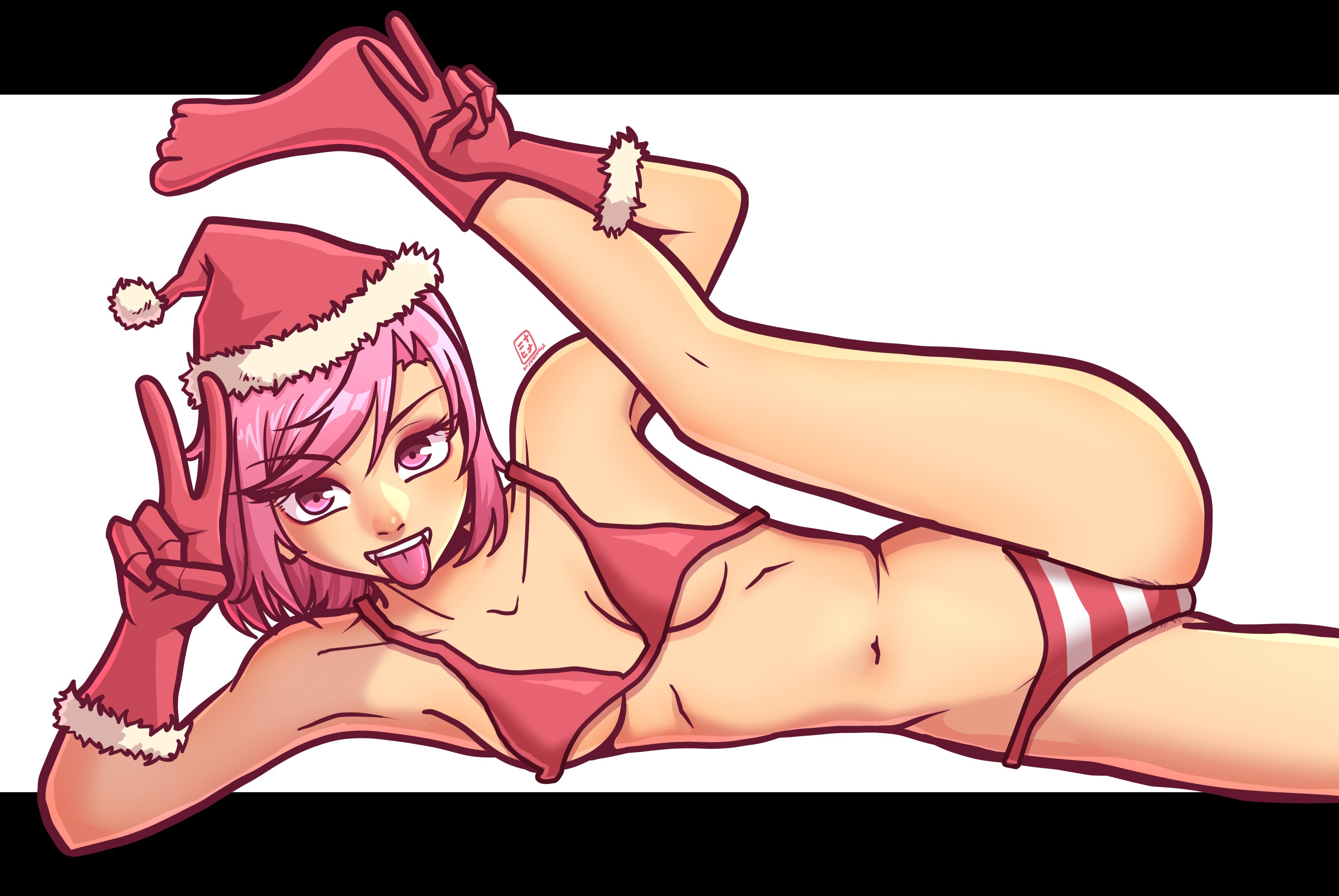 1girls, christmas, christmas clothing, cute, doki doki literature club, female, female only, leg up, natsuki (doki doki literature club), nijuhinaa, small breasts, socks, solo, spread legs, striped panties, tongue out, v sign
