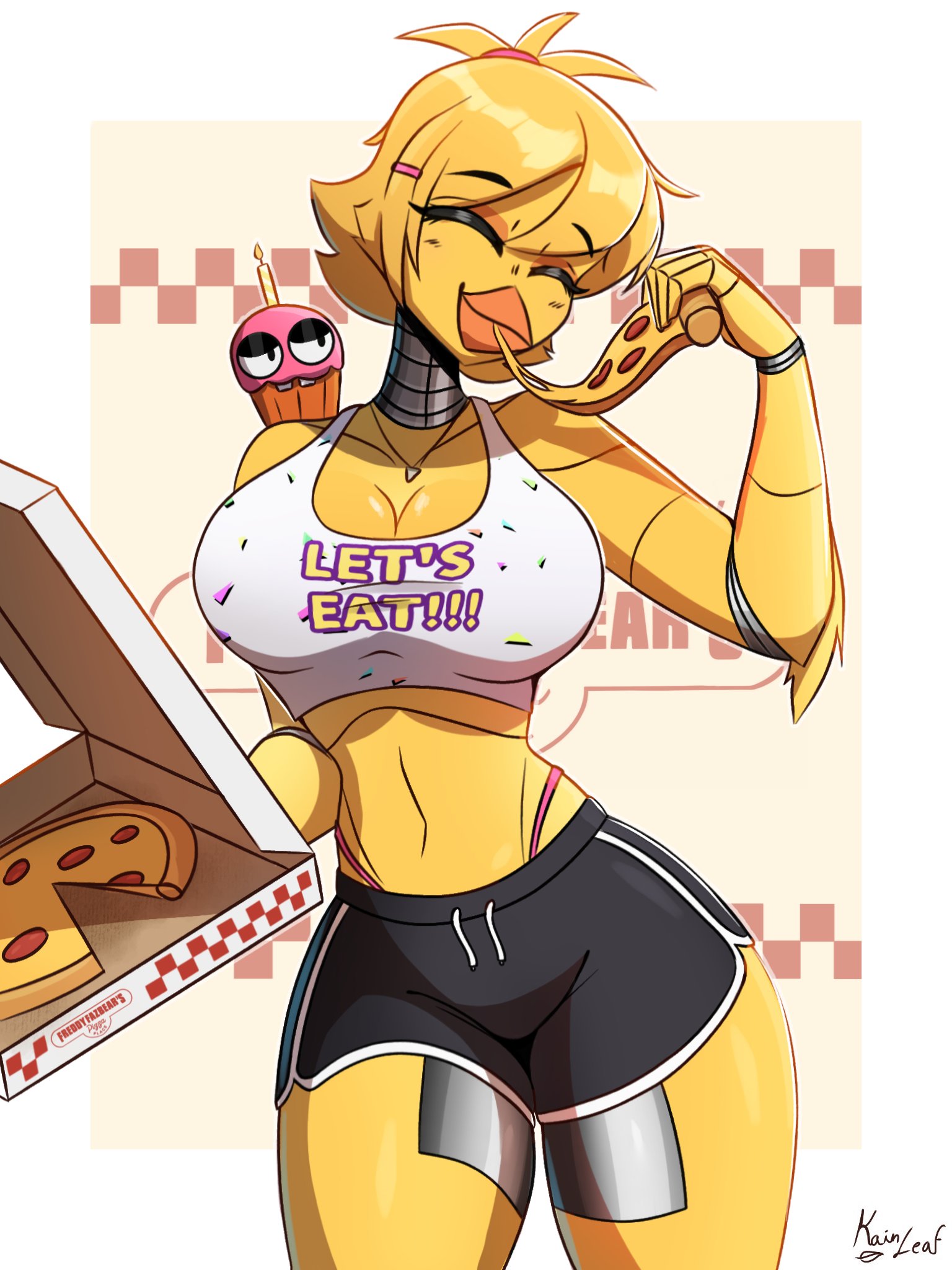 1girls, animal humanoid, animatronic, animatronic female, anthro, big ass, big breasts, big thighs, breasts, chica (fnaf), chicken, chicken girl, chicken humanoid, classic chica (fnaf), cupcake (fnaf), curvaceous, curvy, curvy figure, digital media (artwork), eating, female, five nights at freddy's, hips, hourglass figure, huge ass, huge breasts, huge thighs, kainleaf, large ass, large breasts, large thighs, legs, light skin, light-skinned female, mature, mature female, pizza, pizza box, scottgames, slim waist, solo, thick, thick hips, thick legs, thick thighs, thighs, voluptuous, waist, wide hips