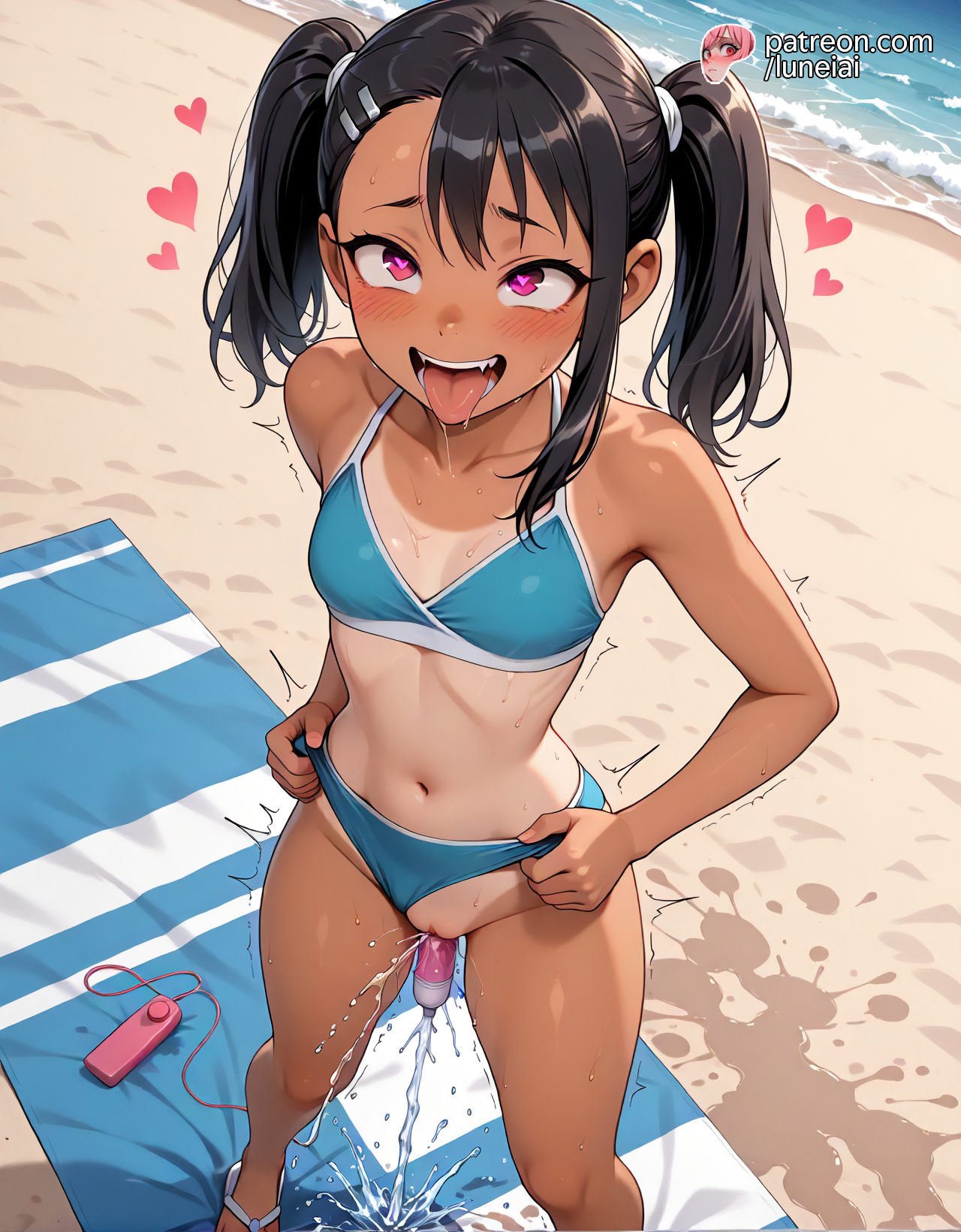 ai generated, beach, bikini, bikini bottoms, bikini top, black hair, blue bikini, blush, cleavage, dildo, ejaculation, fangs, female, grin, hand on own chest, hayase nagatoro, heart-shaped pupils, large breasts, long hair, lowres, luneiai, outdoors, pink eyes, please don't bully me, nagatoro, pussy, pussy juice, sand, sex toy, sidelocks, solo, spread legs, squatting, squirting, sweat, tongue out, towel, twintails, vibrator, watermarked