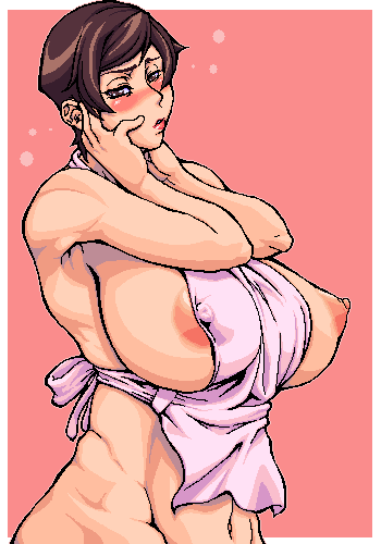 apron bb blush breasts hair huge_breasts large_breasts lowres milf short_hair wotsukuri