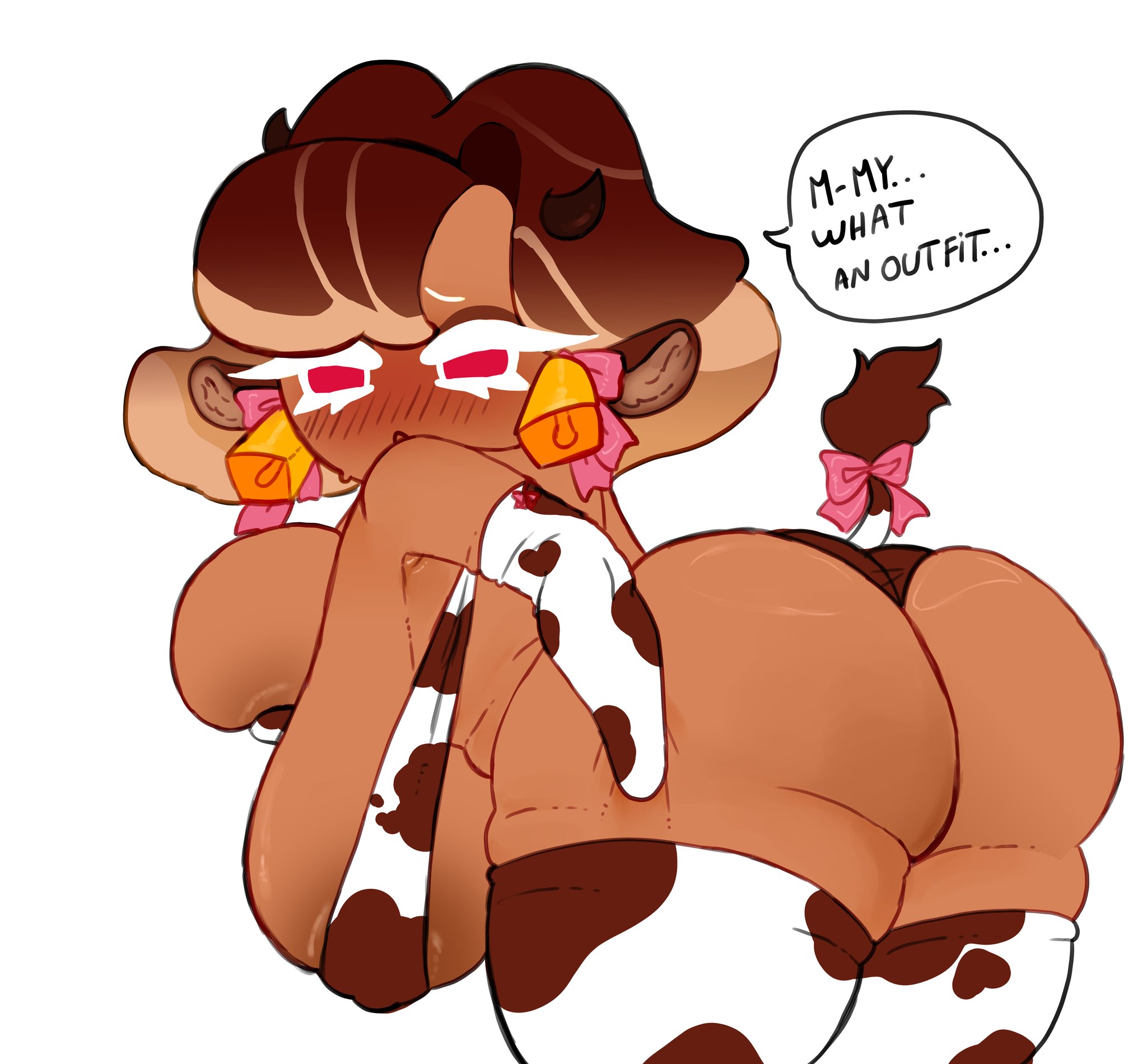 ass, ass focus, big ass, big breasts, chocolate bonbon cookie, cookie run, cookie run ovenbreak, cow bell, cow ears, cow print, cow tail, cowprint, cowprint bikini, holding breast, holding breasts up, magpieredd, tagme